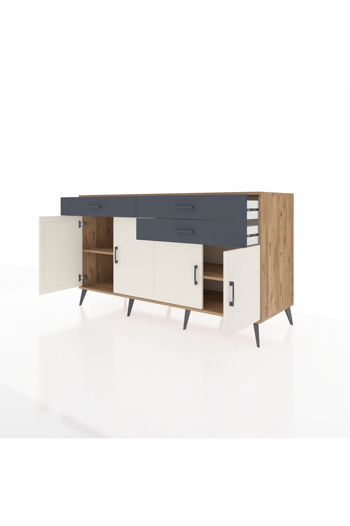 Kronos Konsol 2 Raflı 3 Çekmeceli 4 Kapaklı 176x59x99 Çam-Aytaşı/Antrasit