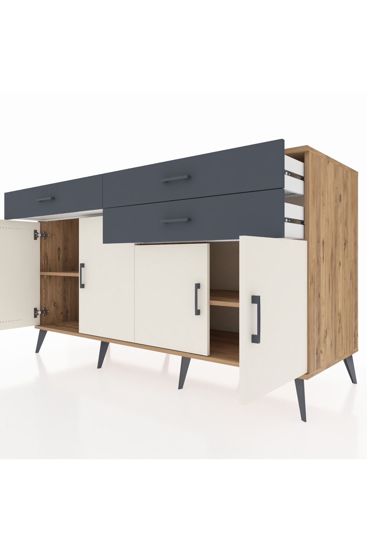 Kronos Konsol 2 Raflı 3 Çekmeceli 4 Kapaklı 176x59x99 Çam-Aytaşı/Antrasit