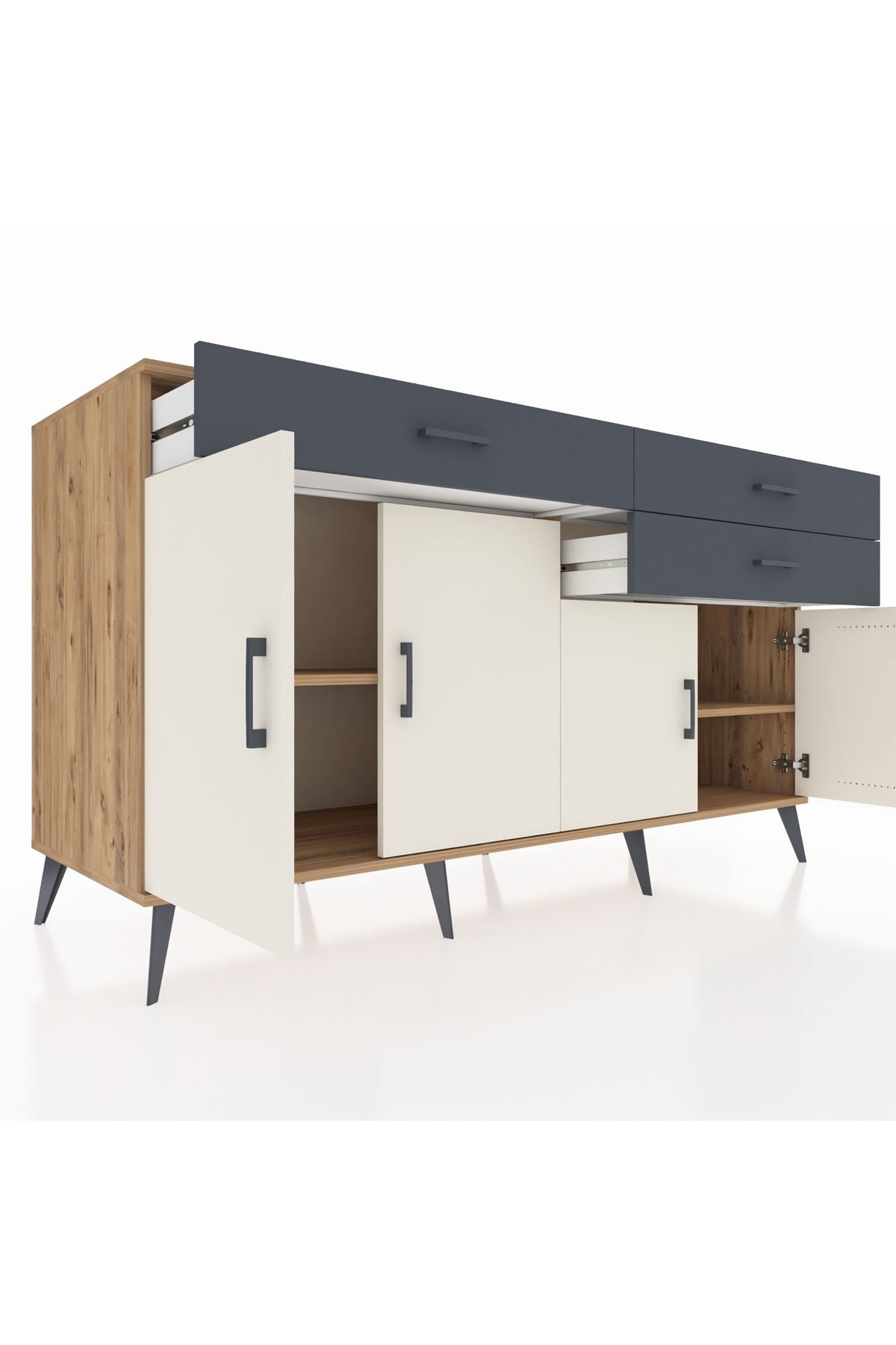 Kronos Konsol 2 Raflı 3 Çekmeceli 4 Kapaklı 176x59x99 Çam-Aytaşı/Antrasit