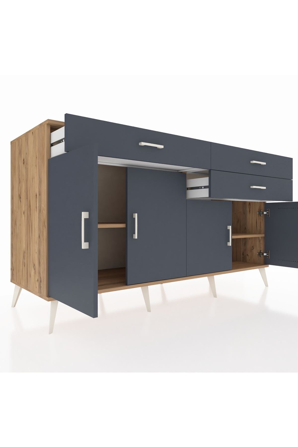 Kronos Konsol 2 Raflı 3 Çekmeceli 4 Kapaklı 176x59x99 Çam-Antrasit