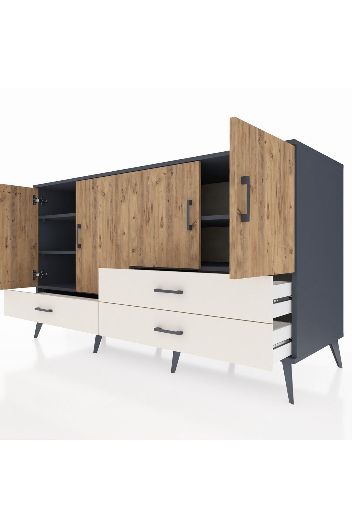 Kronos Konsol 5 Raflı 3 Çekmeceli 4 Kapaklı 176x59x99 Antrasit-Çam/Aytaşı