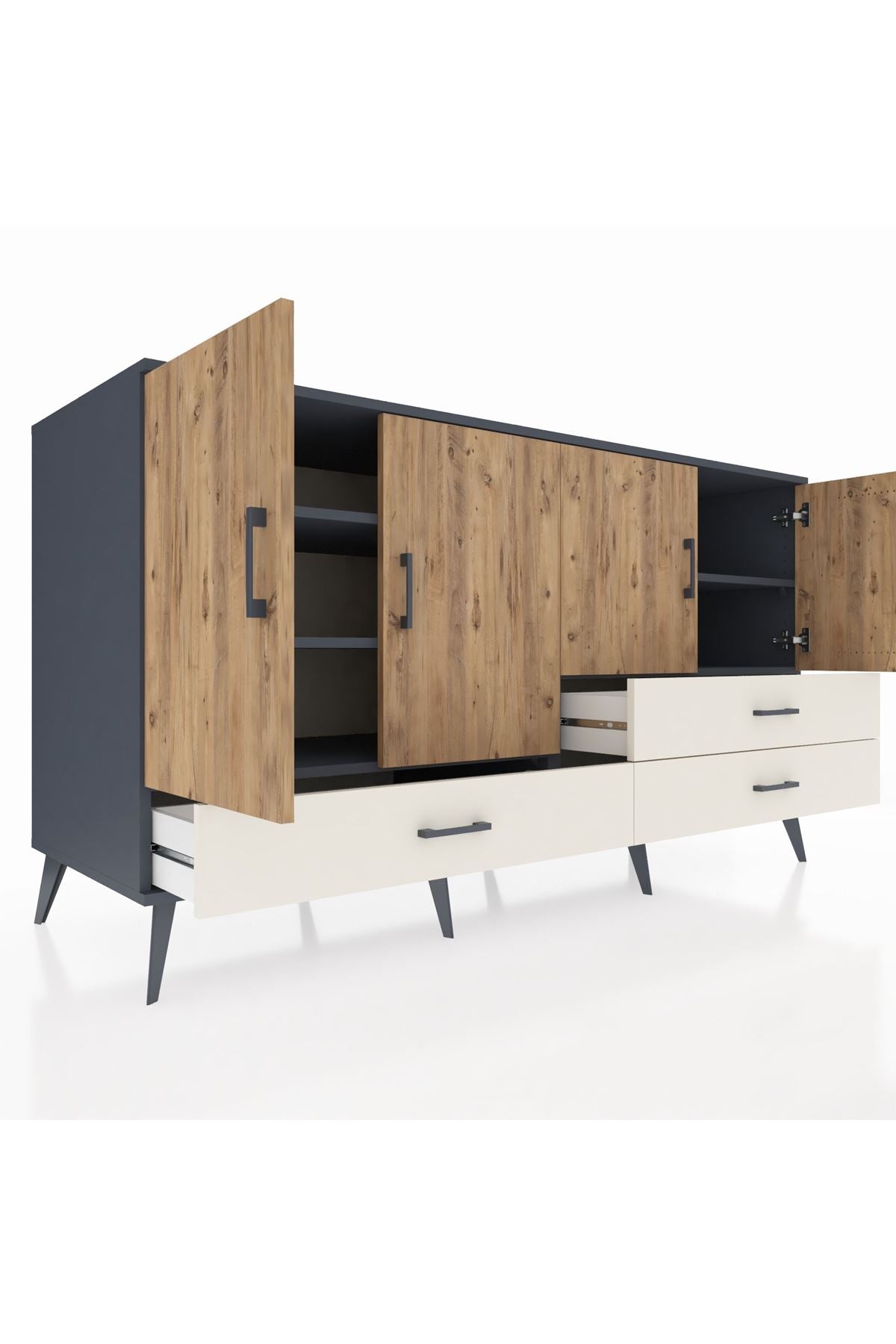 Kronos Konsol 5 Raflı 3 Çekmeceli 4 Kapaklı 176x59x99 Antrasit-Çam/Aytaşı