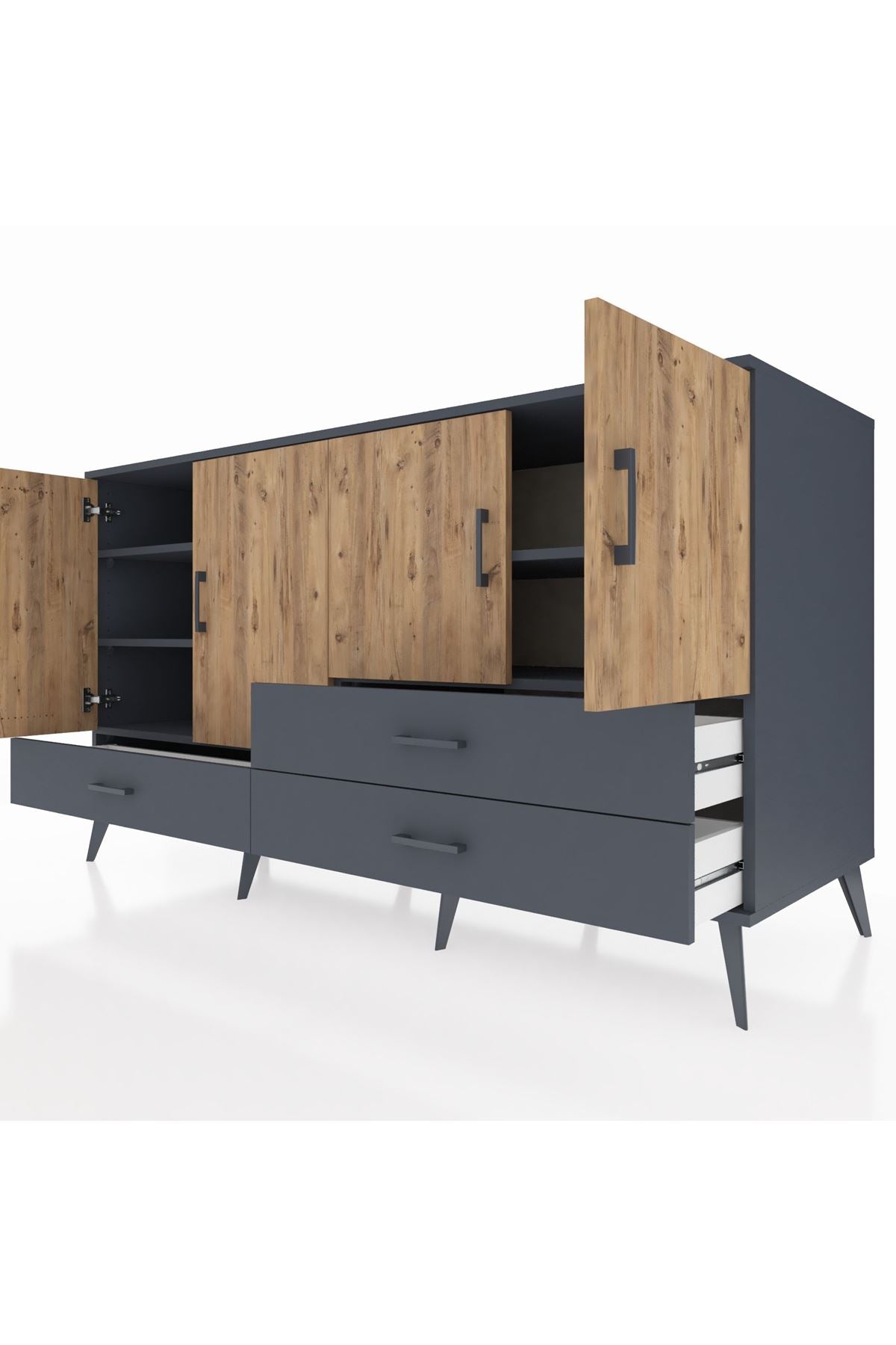 Kronos Konsol 5 Raflı 3 Çekmeceli 4 Kapaklı 176x59x99 Antrasit-Çam/Antrasit