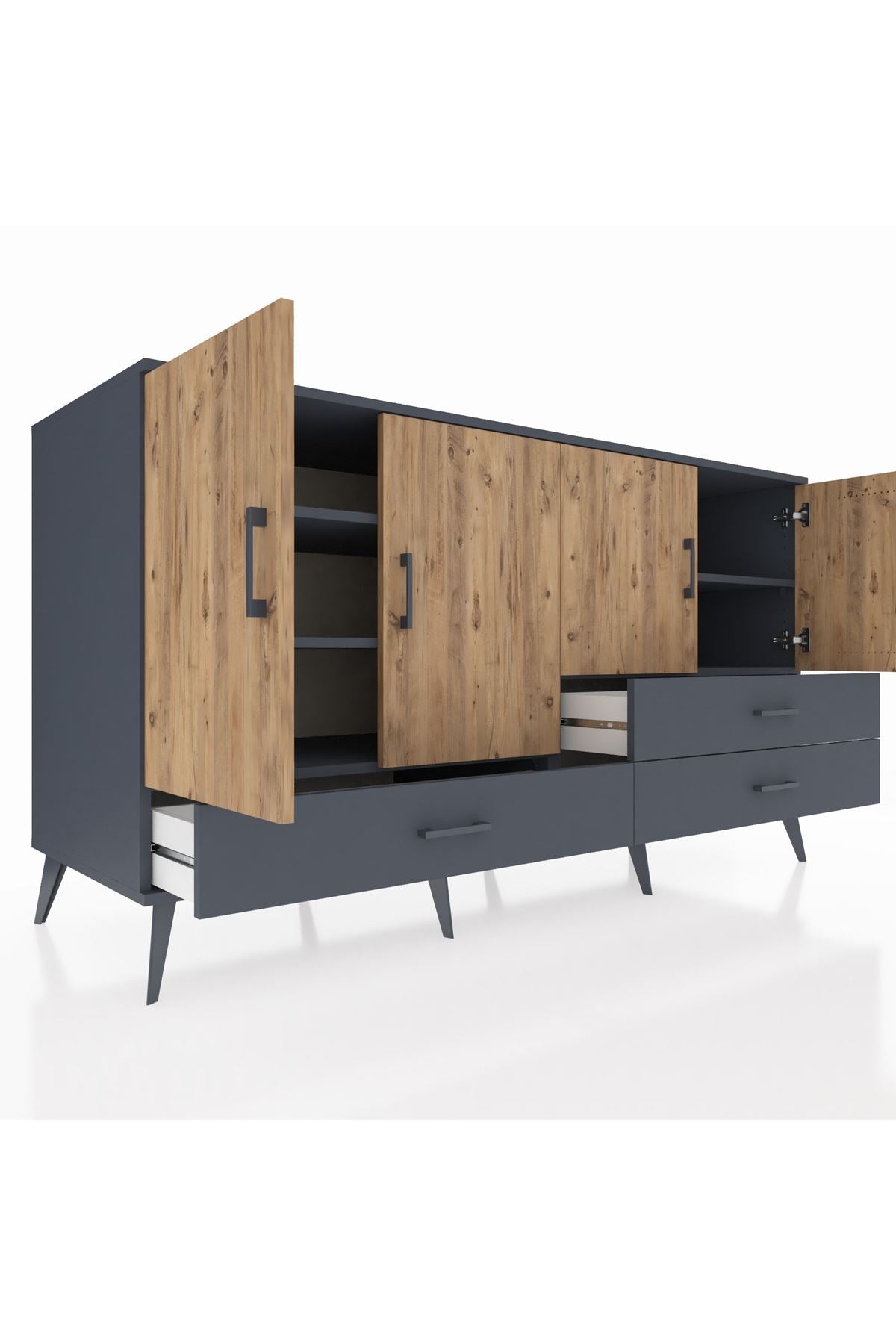 Kronos Konsol 5 Raflı 3 Çekmeceli 4 Kapaklı 176x59x99 Antrasit-Çam/Antrasit