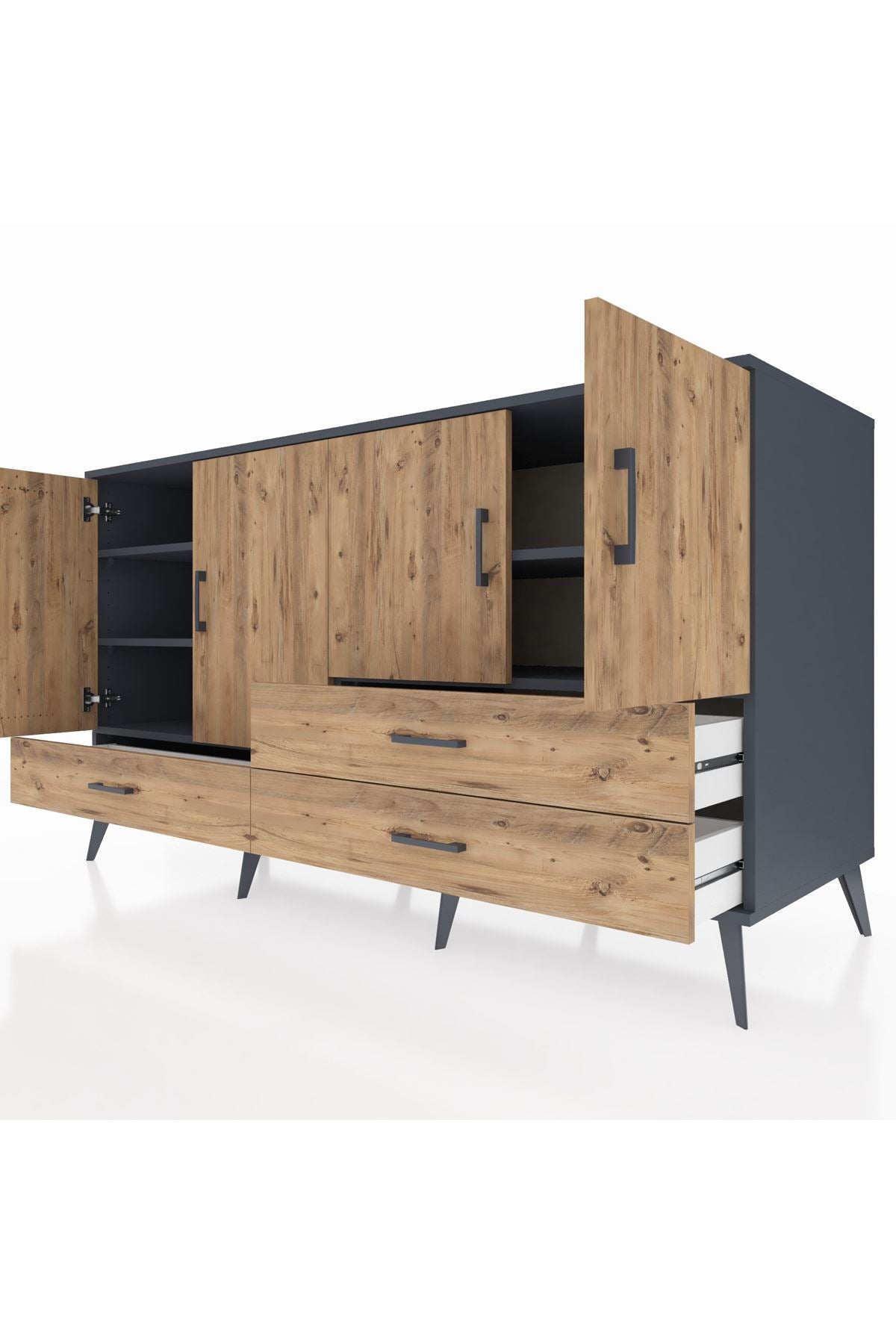 Kronos Konsol 5 Raflı 3 Çekmeceli 4 Kapaklı 176x59x99 Antrasit-Çam