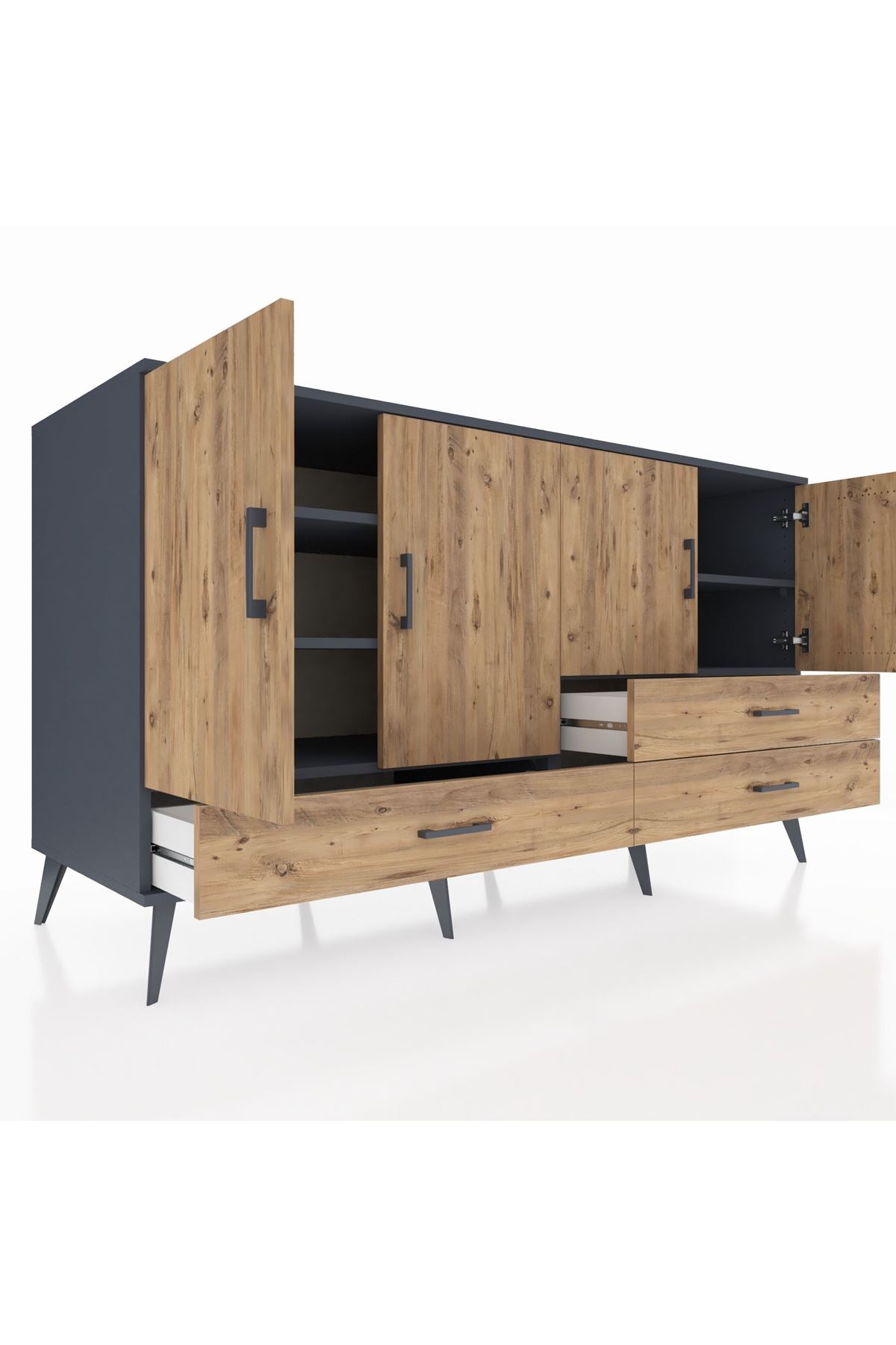 Kronos Konsol 5 Raflı 3 Çekmeceli 4 Kapaklı 176x59x99 Antrasit-Çam