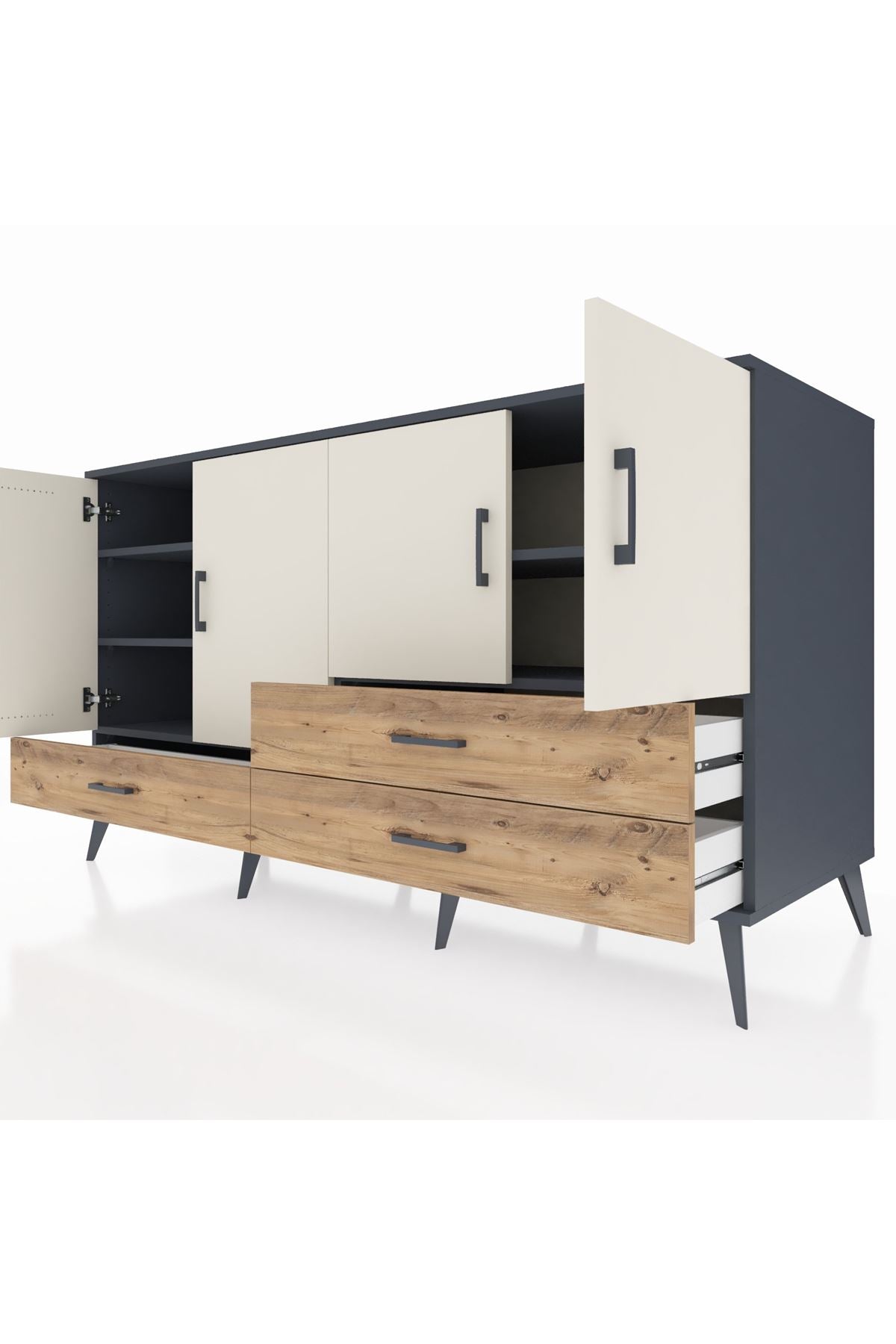 Kronos Konsol 5 Raflı 3 Çekmeceli 4 Kapaklı 176x59x99 Antrasit-Aytaşı/Çam