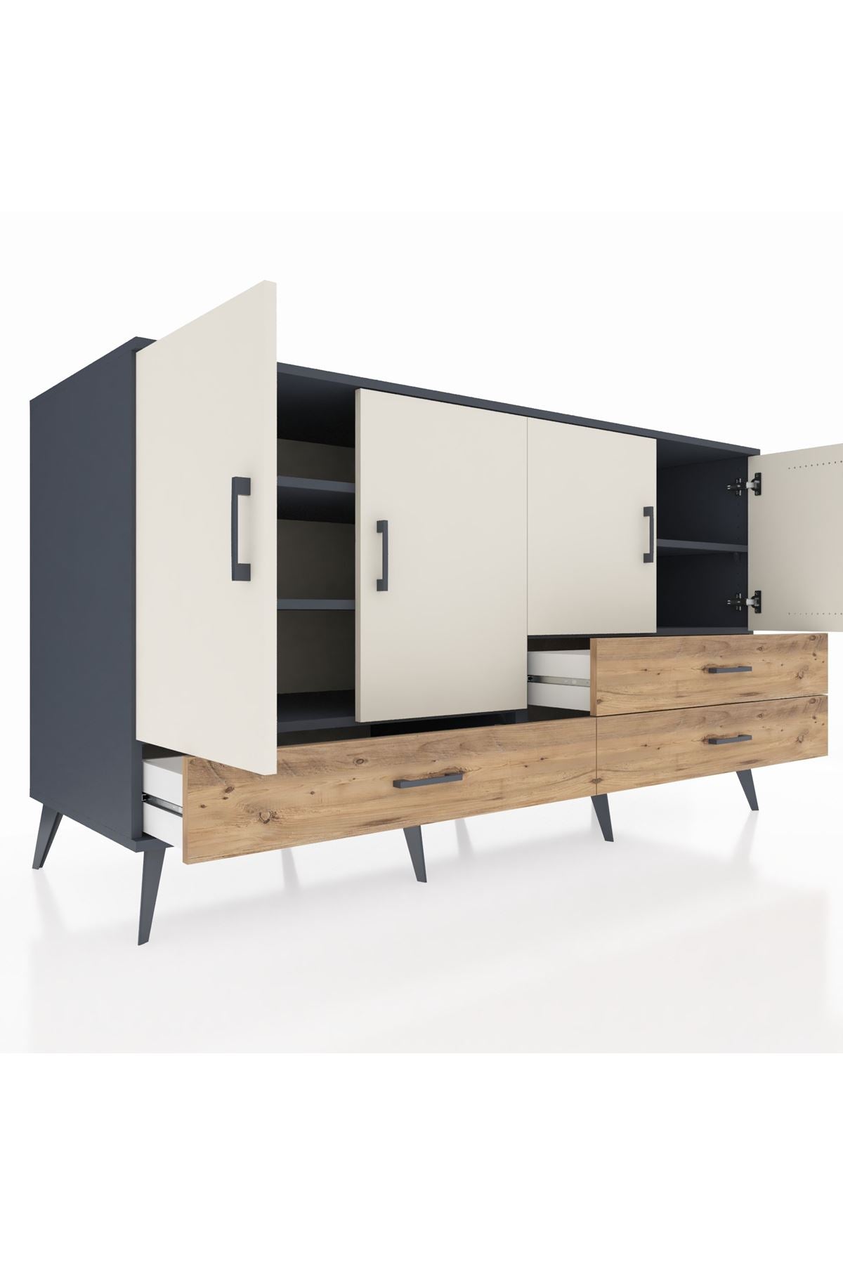 Kronos Konsol 5 Raflı 3 Çekmeceli 4 Kapaklı 176x59x99 Antrasit-Aytaşı/Çam