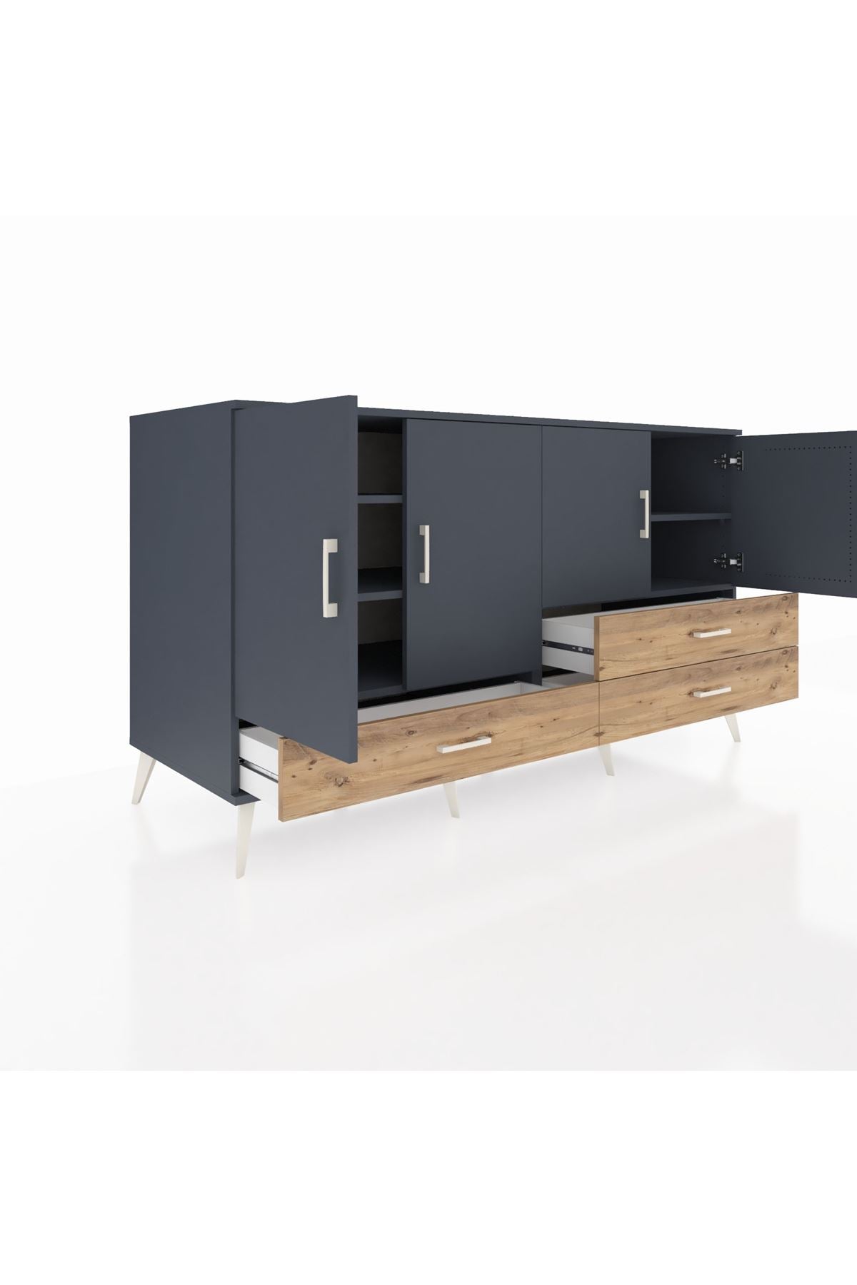 Kronos Konsol 5 Raflı 3 Çekmeceli 4 Kapaklı 176x59x99 Antrasit-Antrasit/Çam