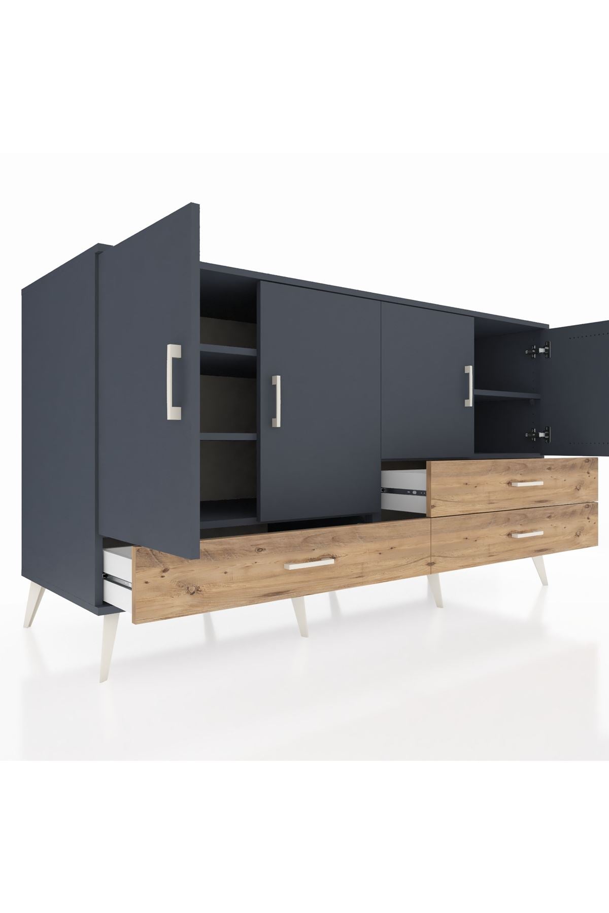 Kronos Konsol 5 Raflı 3 Çekmeceli 4 Kapaklı 176x59x99 Antrasit-Antrasit/Çam