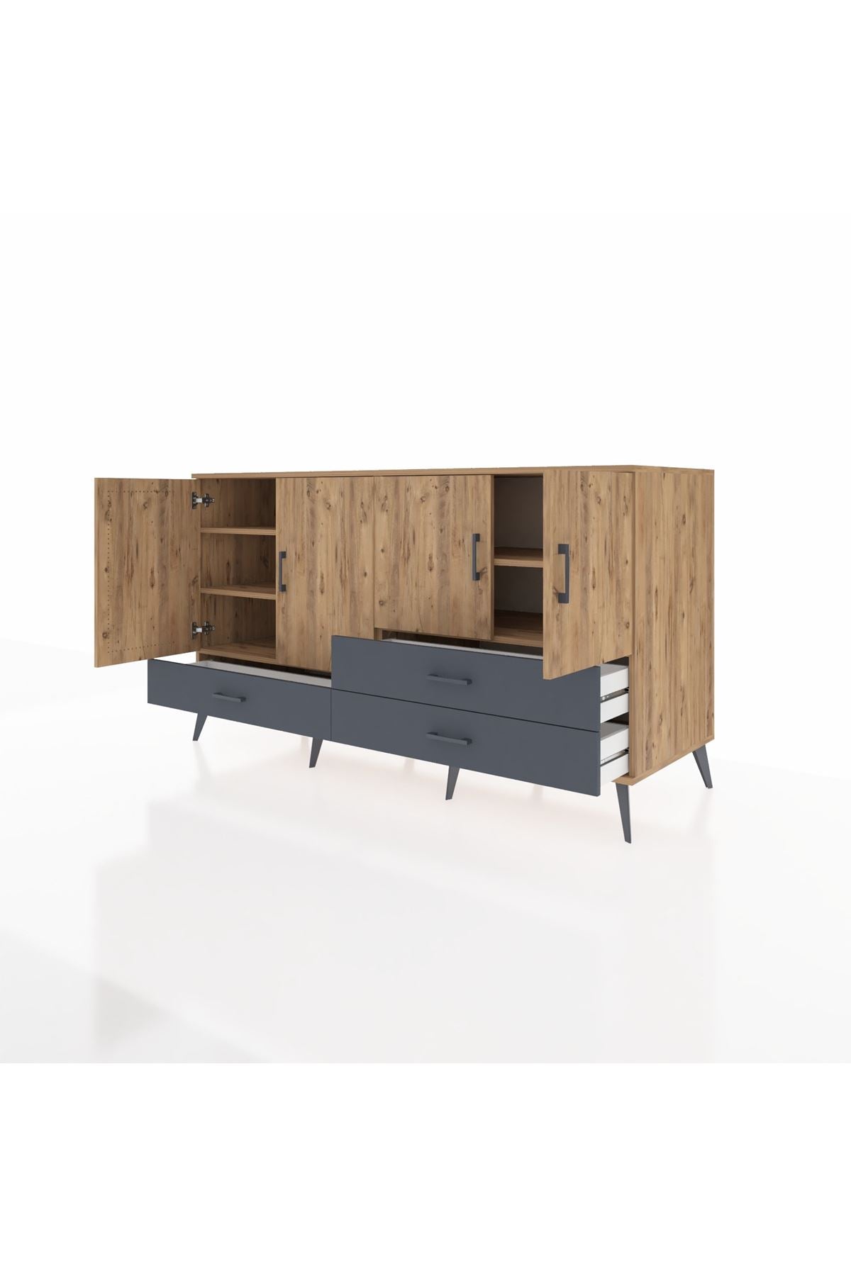 Kronos Konsol 5 Raflı 3 Çekmeceli 4 Kapaklı 176x59x99 Çam-Çam/Antrasit