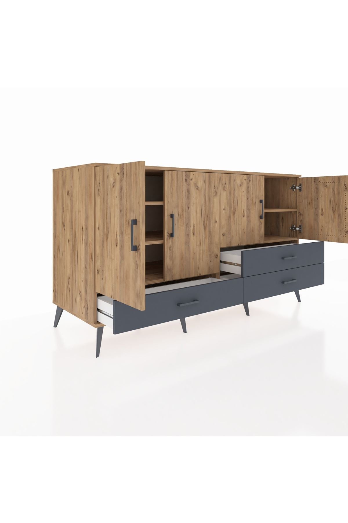 Kronos Konsol 5 Raflı 3 Çekmeceli 4 Kapaklı 176x59x99 Çam-Çam/Antrasit