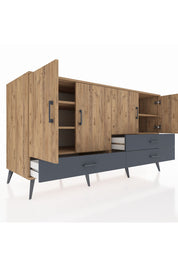 Kronos Konsol 5 Raflı 3 Çekmeceli 4 Kapaklı 176x59x99 Çam-Çam/Antrasit