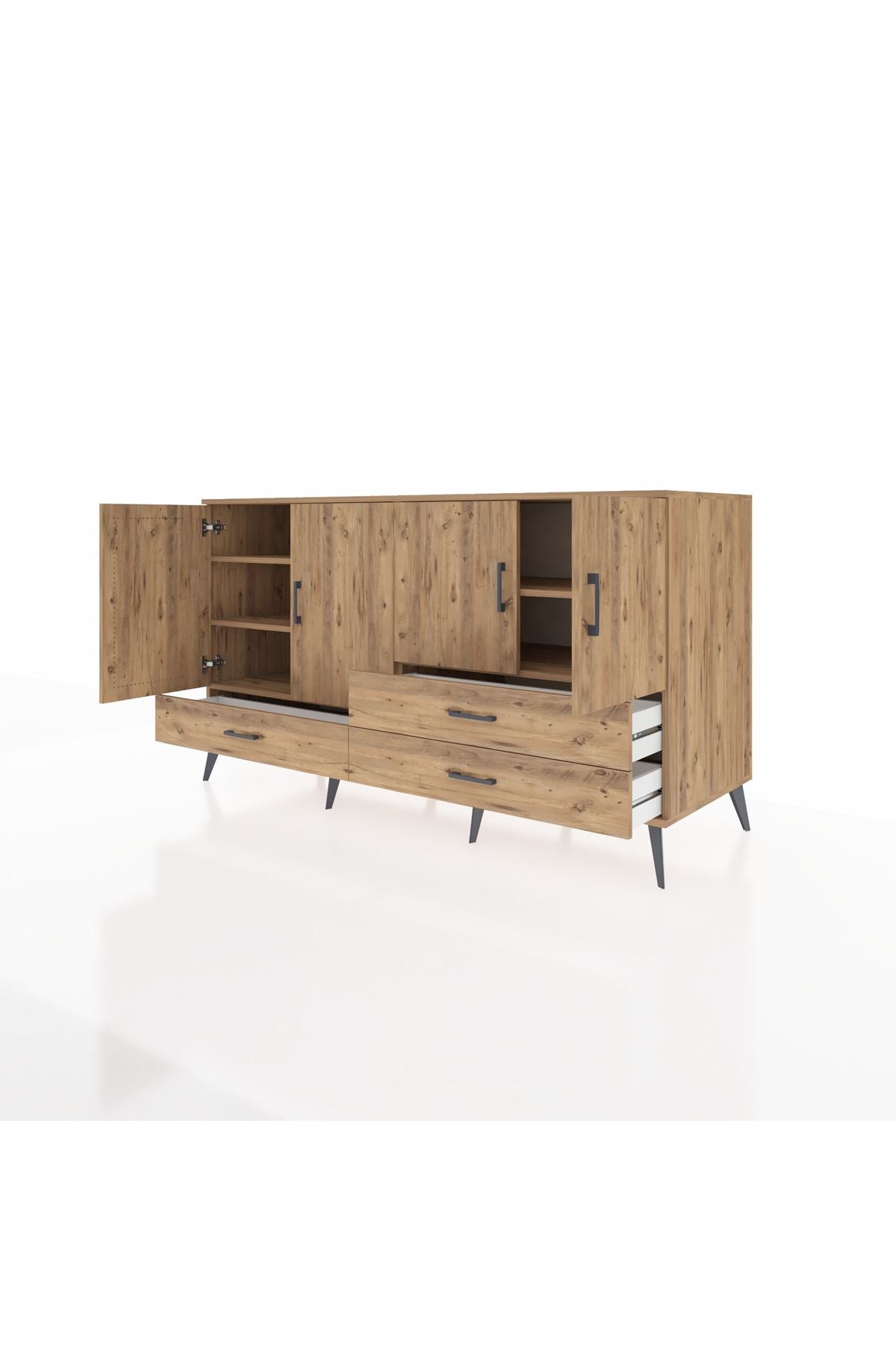 Kronos Konsol 5 Raflı 3 Çekmeceli 4 Kapaklı 176x59x99 Çam-Çam