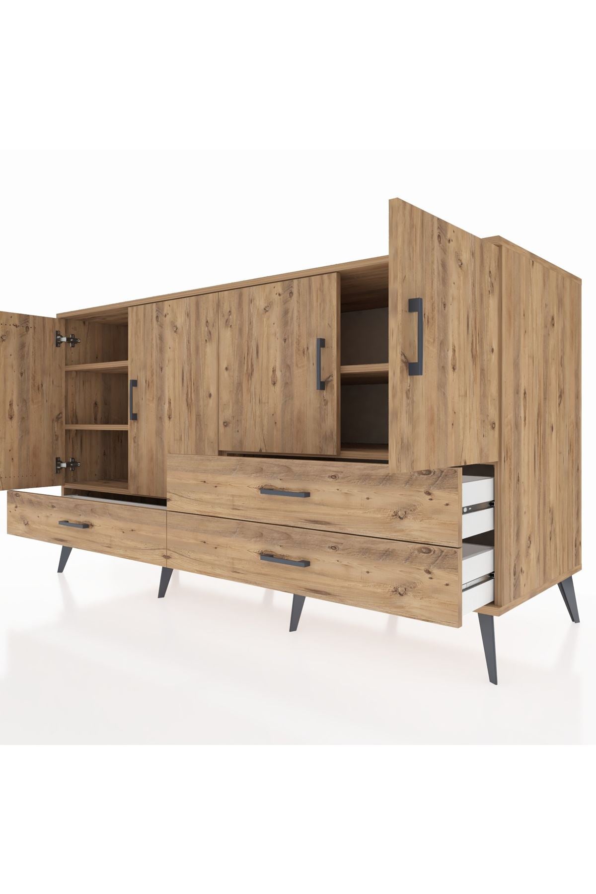 Kronos Konsol 5 Raflı 3 Çekmeceli 4 Kapaklı 176x59x99 Çam-Çam