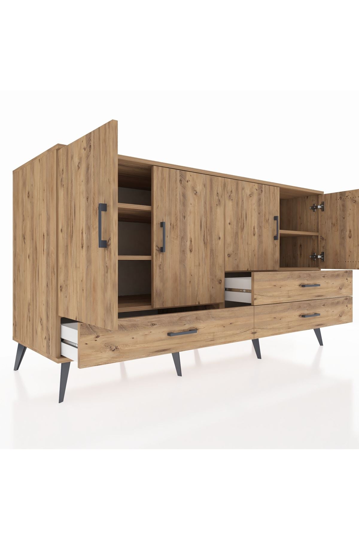 Kronos Konsol 5 Raflı 3 Çekmeceli 4 Kapaklı 176x59x99 Çam-Çam