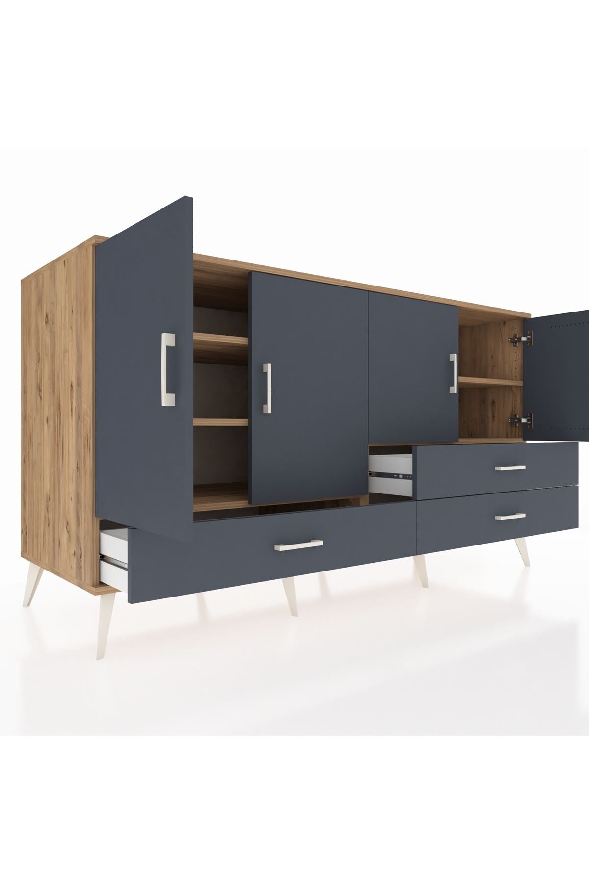 Kronos Konsol 5 Raflı 3 Çekmeceli 4 Kapaklı 176x59x99 Çam-Antrasit