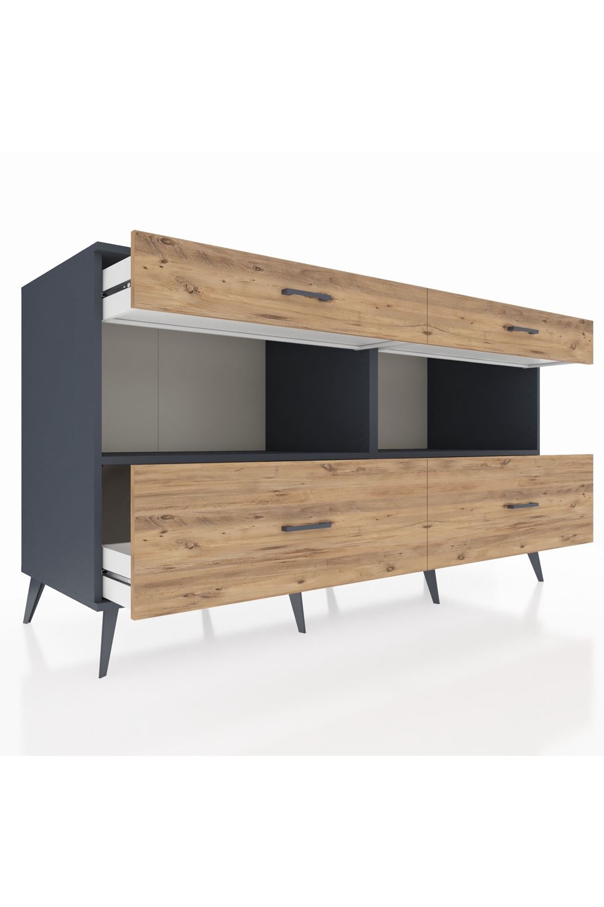 Kronos Konsol 2 Raflı 4 Çekmeceli 176x59x99 Antrasit-Antrasit/Çam