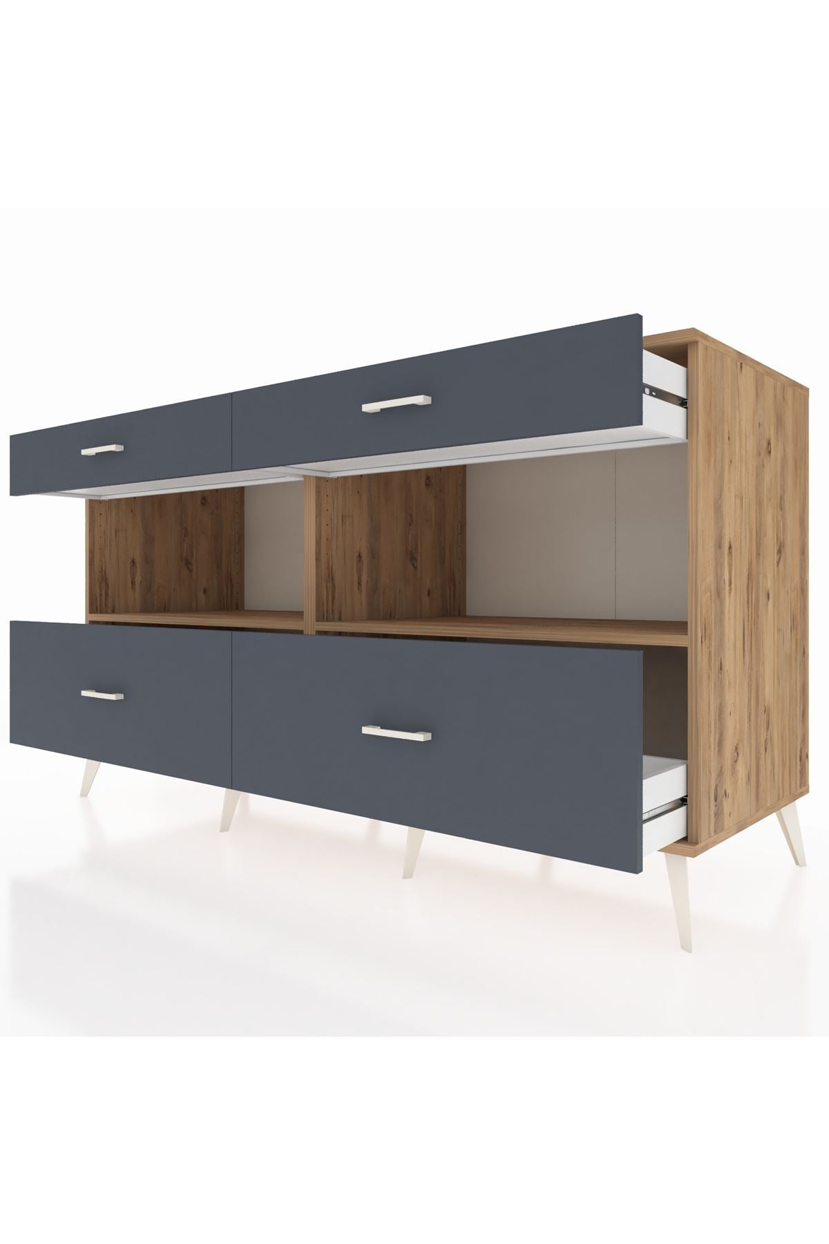 Kronos Konsol 2 Raflı 4 Çekmeceli 176x59x99 Çam-Çam/Antrasit