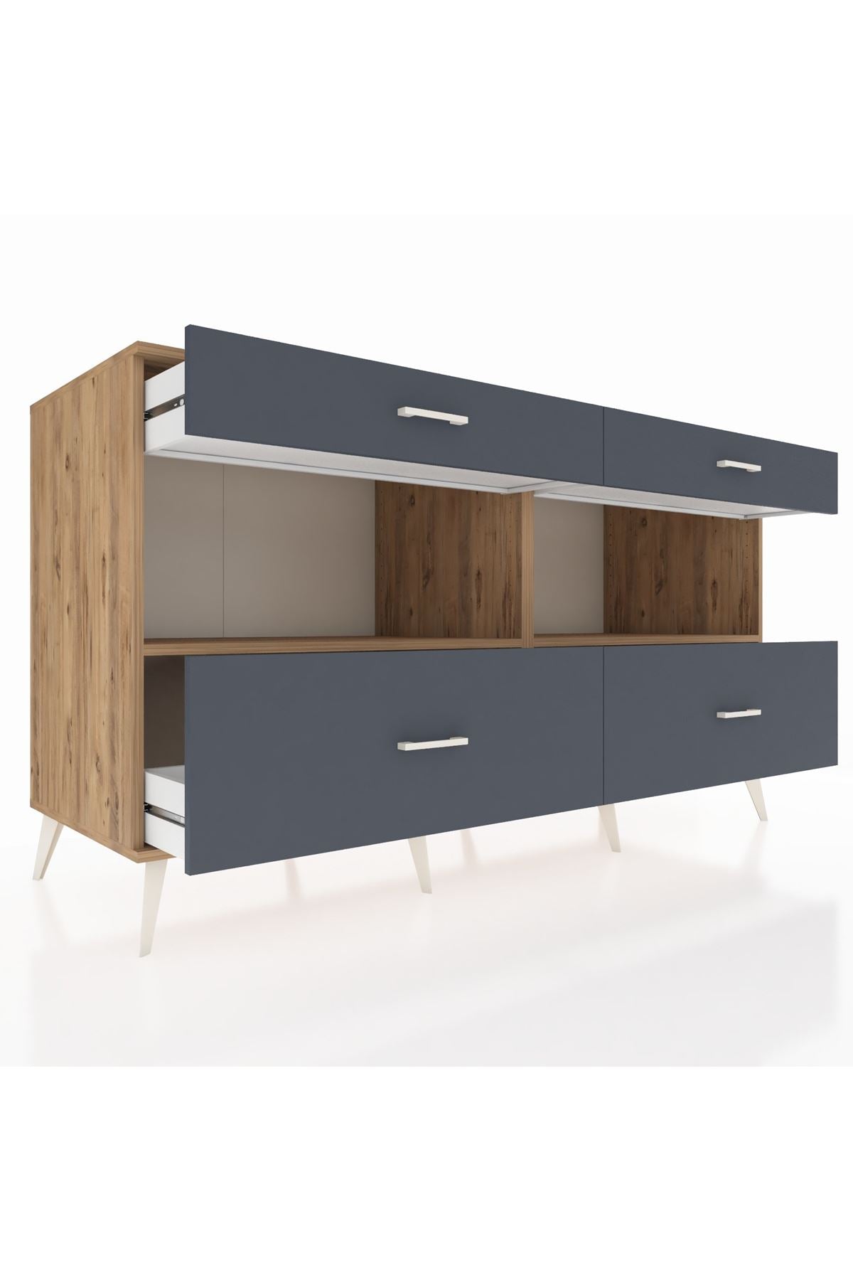 Kronos Konsol 2 Raflı 4 Çekmeceli 176x59x99 Çam-Çam/Antrasit