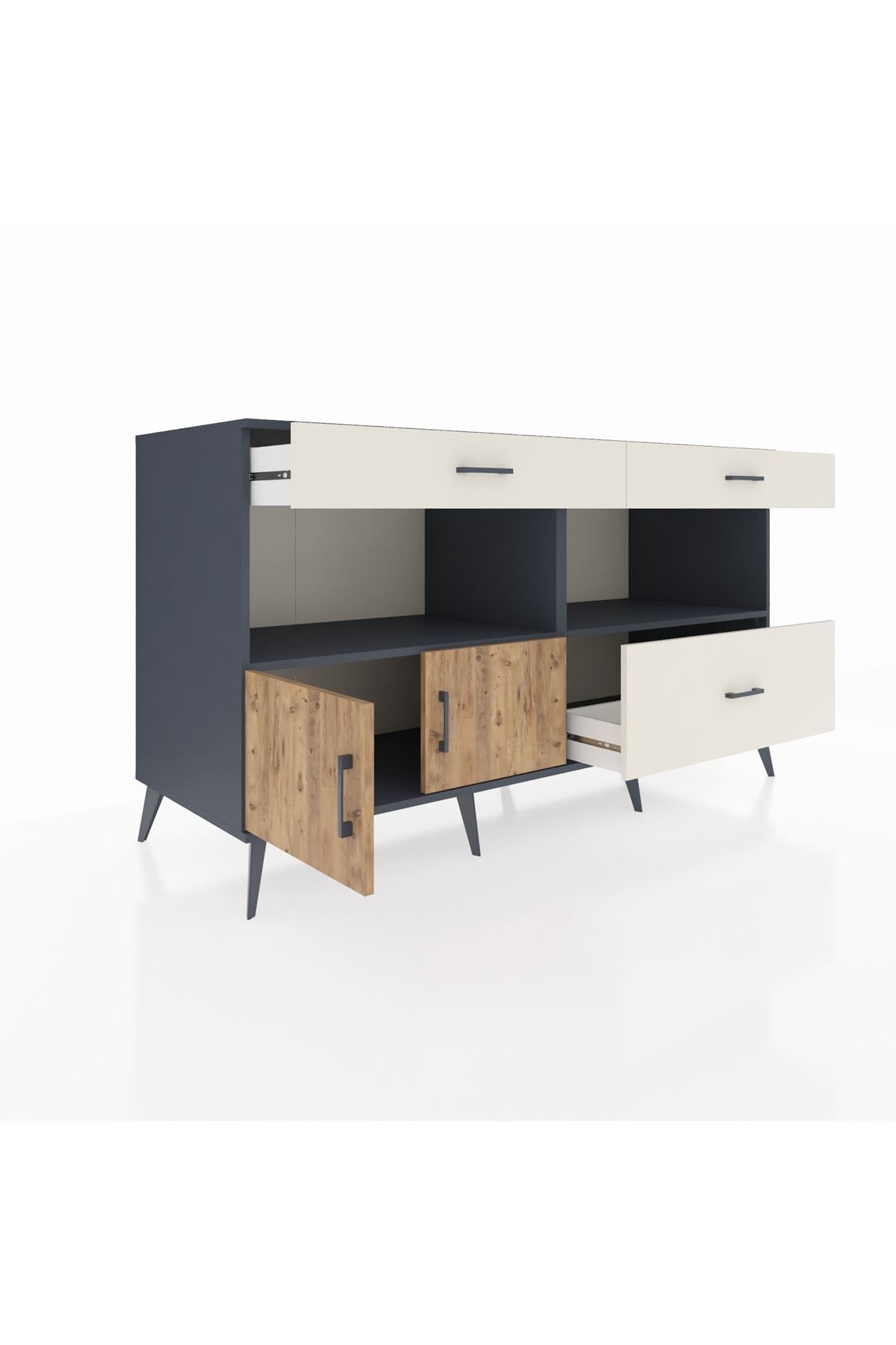 Kronos Konsol 2 Raflı 3 Çekmeceli 2 Kapaklı 176x59x99 Antrasit-Çam/Aytaşı