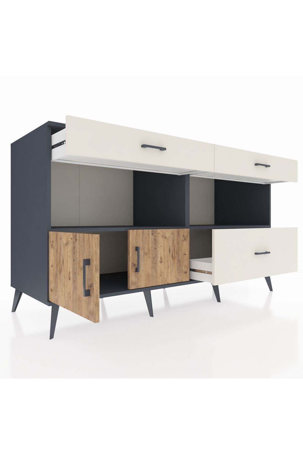 Kronos Konsol 2 Raflı 3 Çekmeceli 2 Kapaklı 176x59x99 Antrasit-Çam/Aytaşı