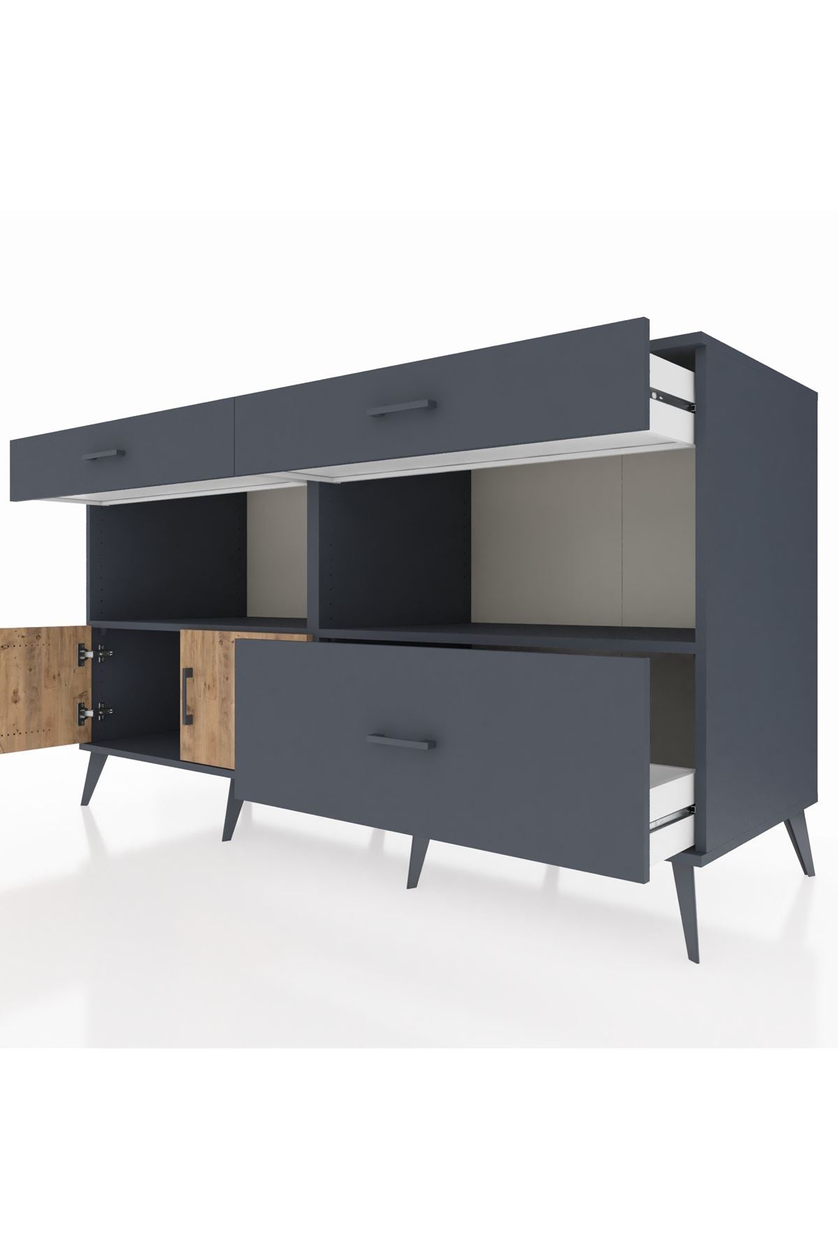 Kronos Konsol 2 Raflı 3 Çekmeceli 2 Kapaklı 176x59x99 Antrasit-Çam/Antrasit