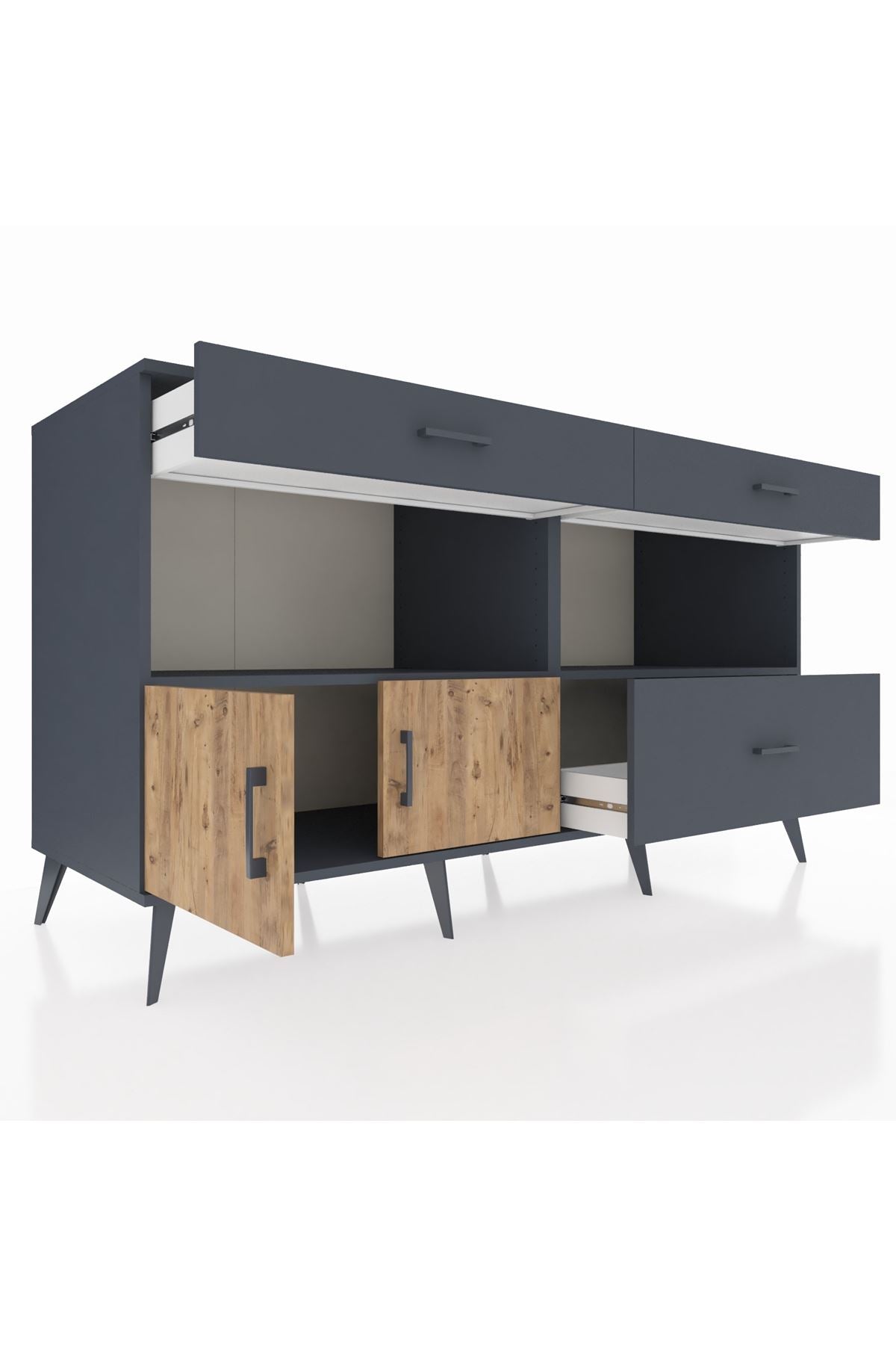 Kronos Konsol 2 Raflı 3 Çekmeceli 2 Kapaklı 176x59x99 Antrasit-Çam/Antrasit