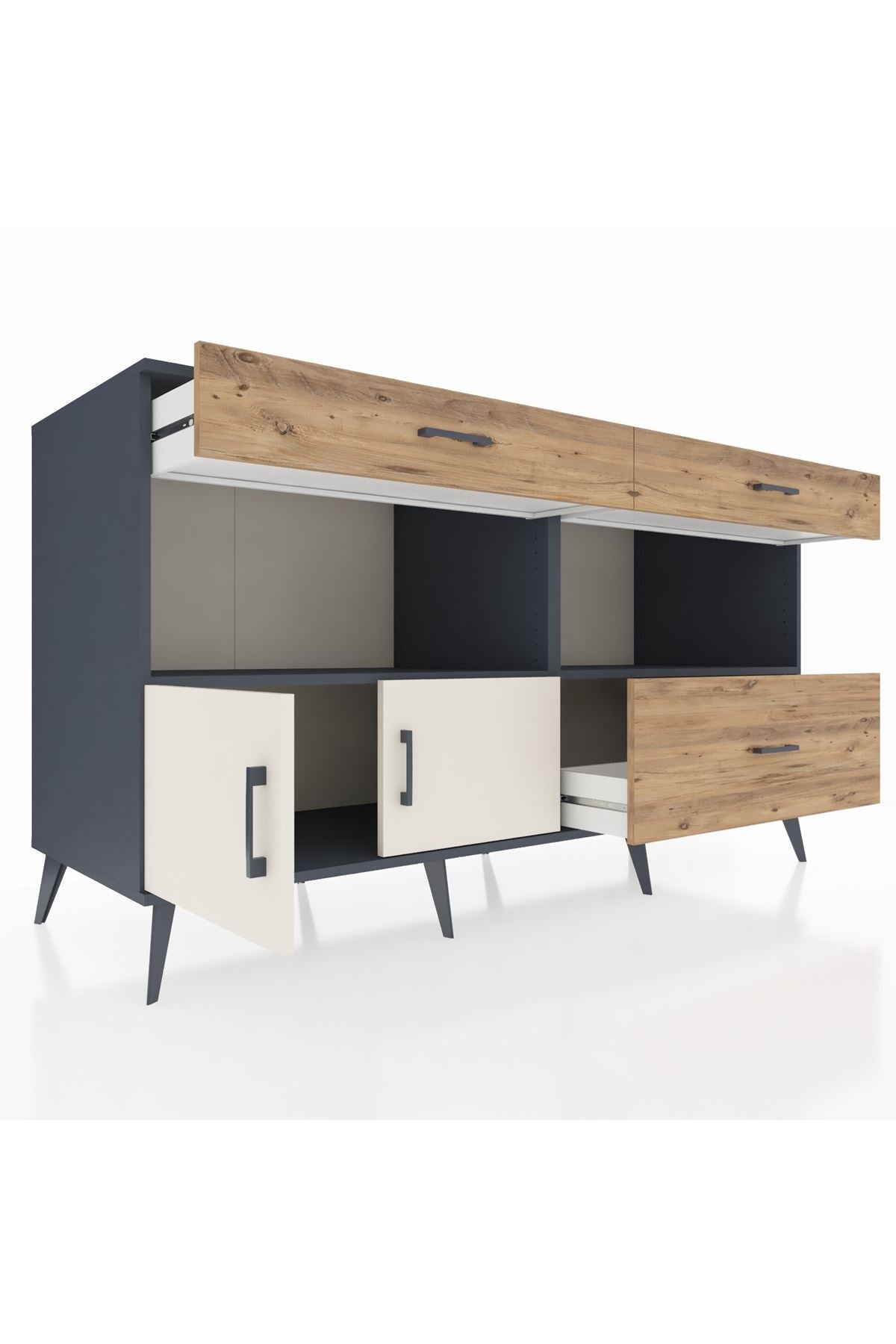 Kronos Konsol 2 Raflı 3 Çekmeceli 2 Kapaklı 176x59x99 Antrasit-Aytaşı/Çam