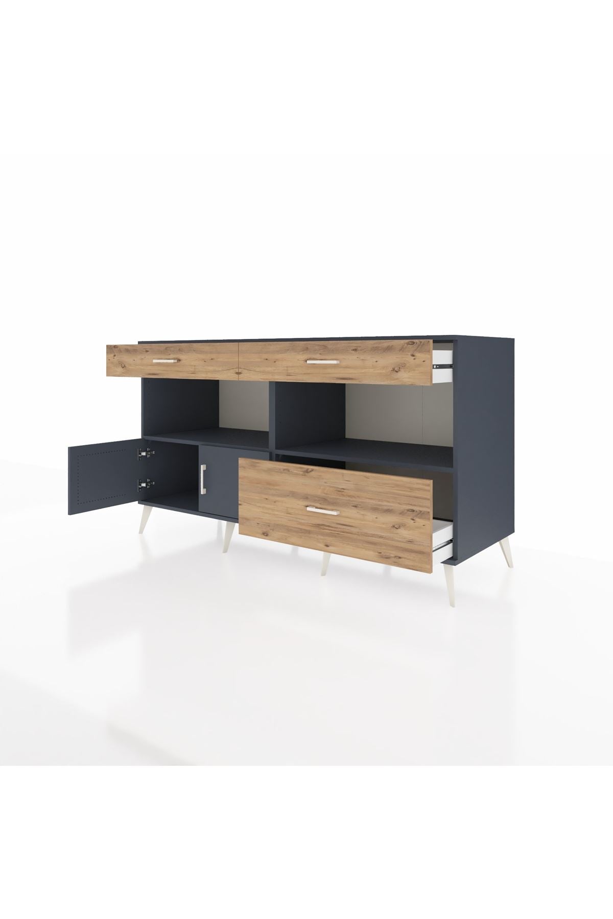 Kronos Konsol 2 Raflı 3 Çekmeceli 2 Kapaklı 176x59x99 Antrasit-Antrasit/Çam