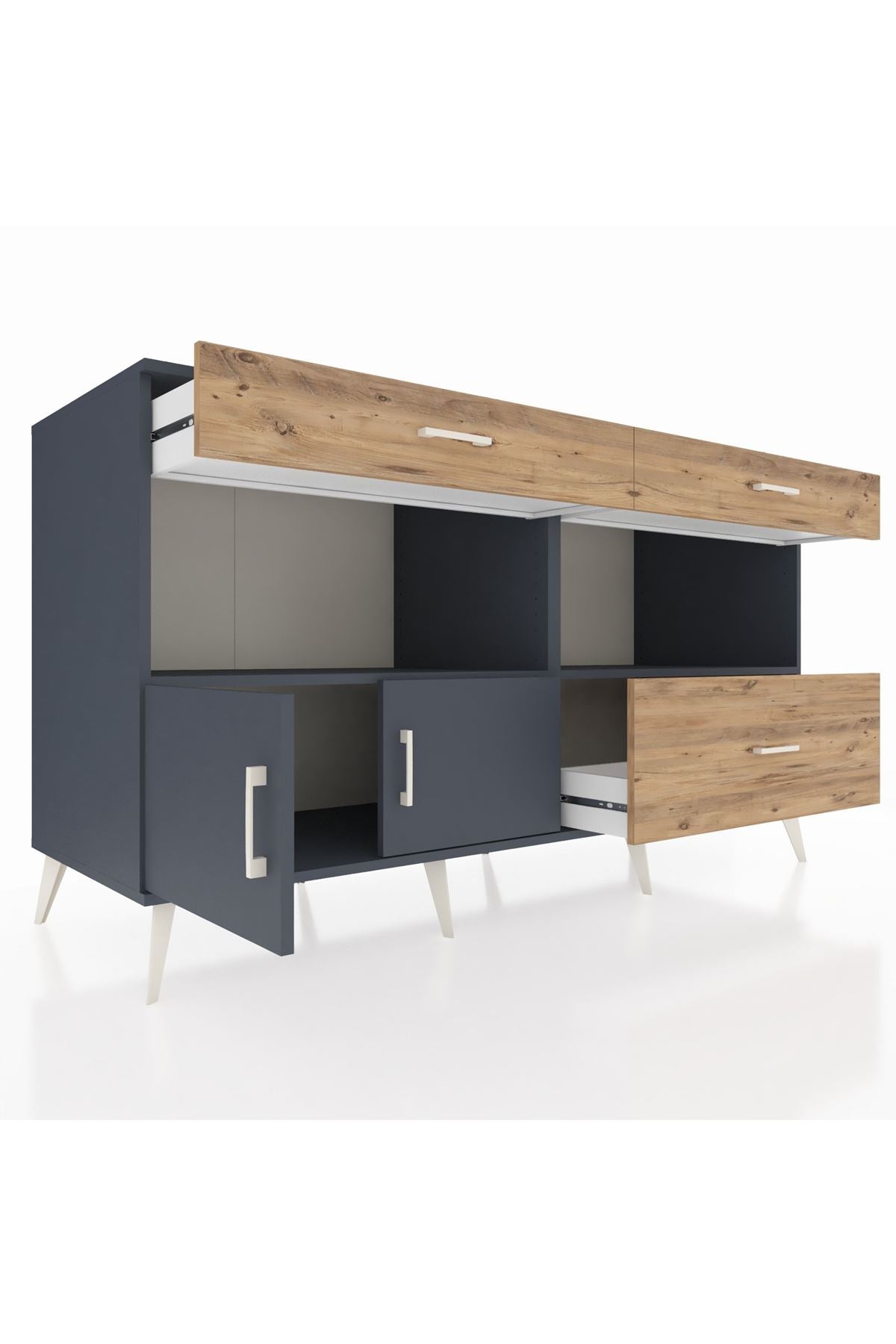 Kronos Konsol 2 Raflı 3 Çekmeceli 2 Kapaklı 176x59x99 Antrasit-Antrasit/Çam