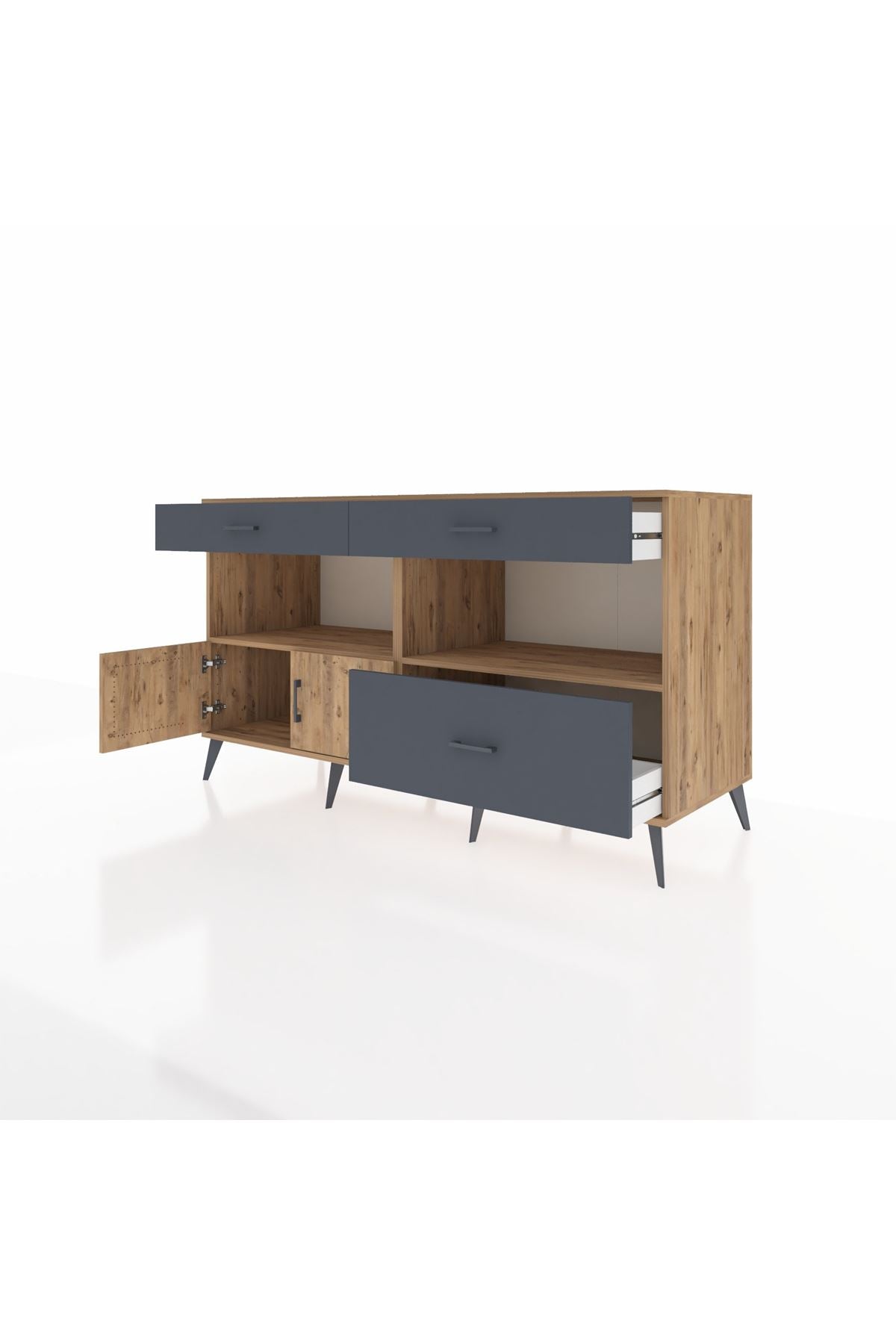 Kronos Konsol 2 Raflı 3 Çekmeceli 2 Kapaklı 176x59x99 Çam-Çam/Antrasit