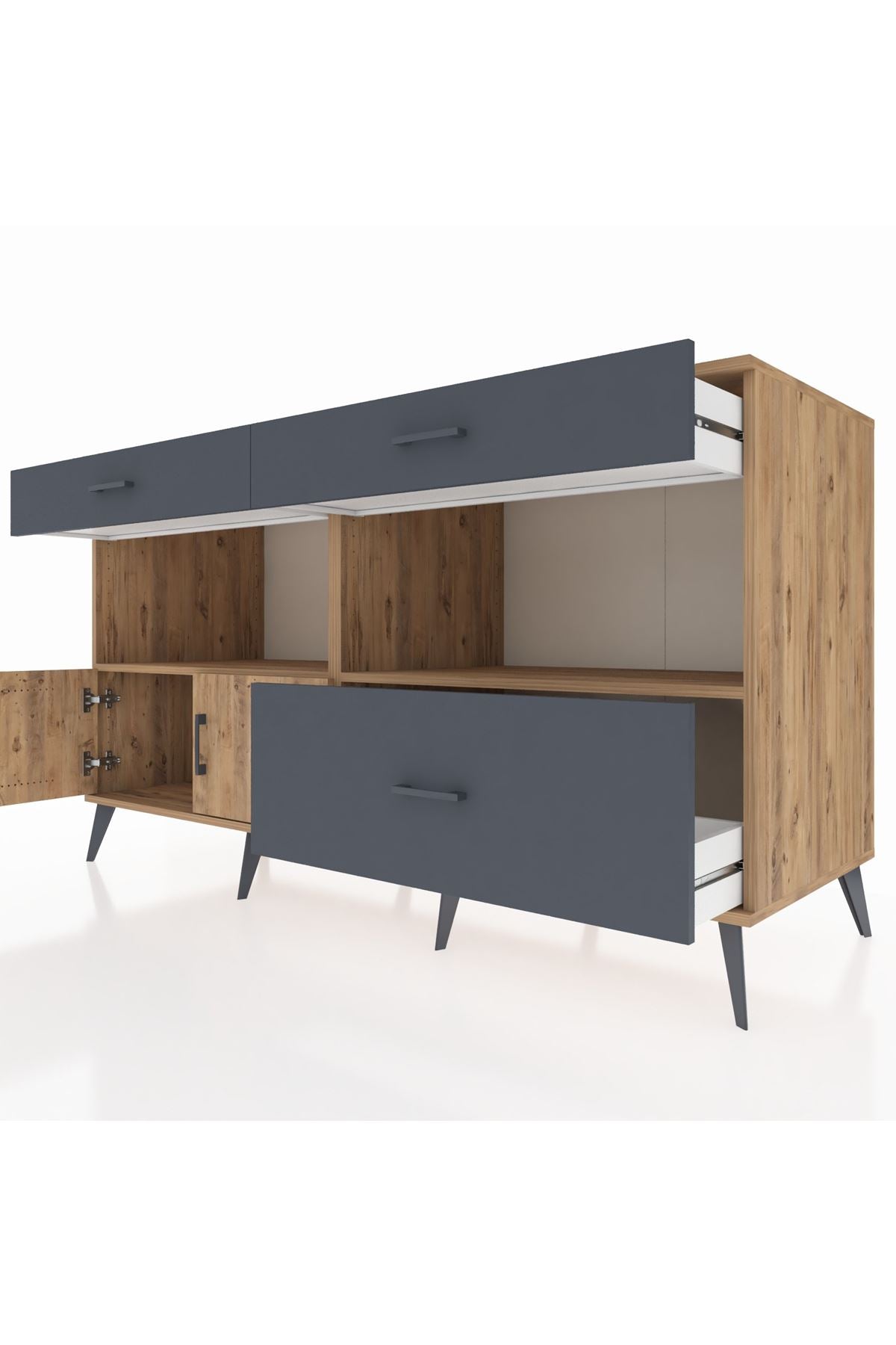 Kronos Konsol 2 Raflı 3 Çekmeceli 2 Kapaklı 176x59x99 Çam-Çam/Antrasit