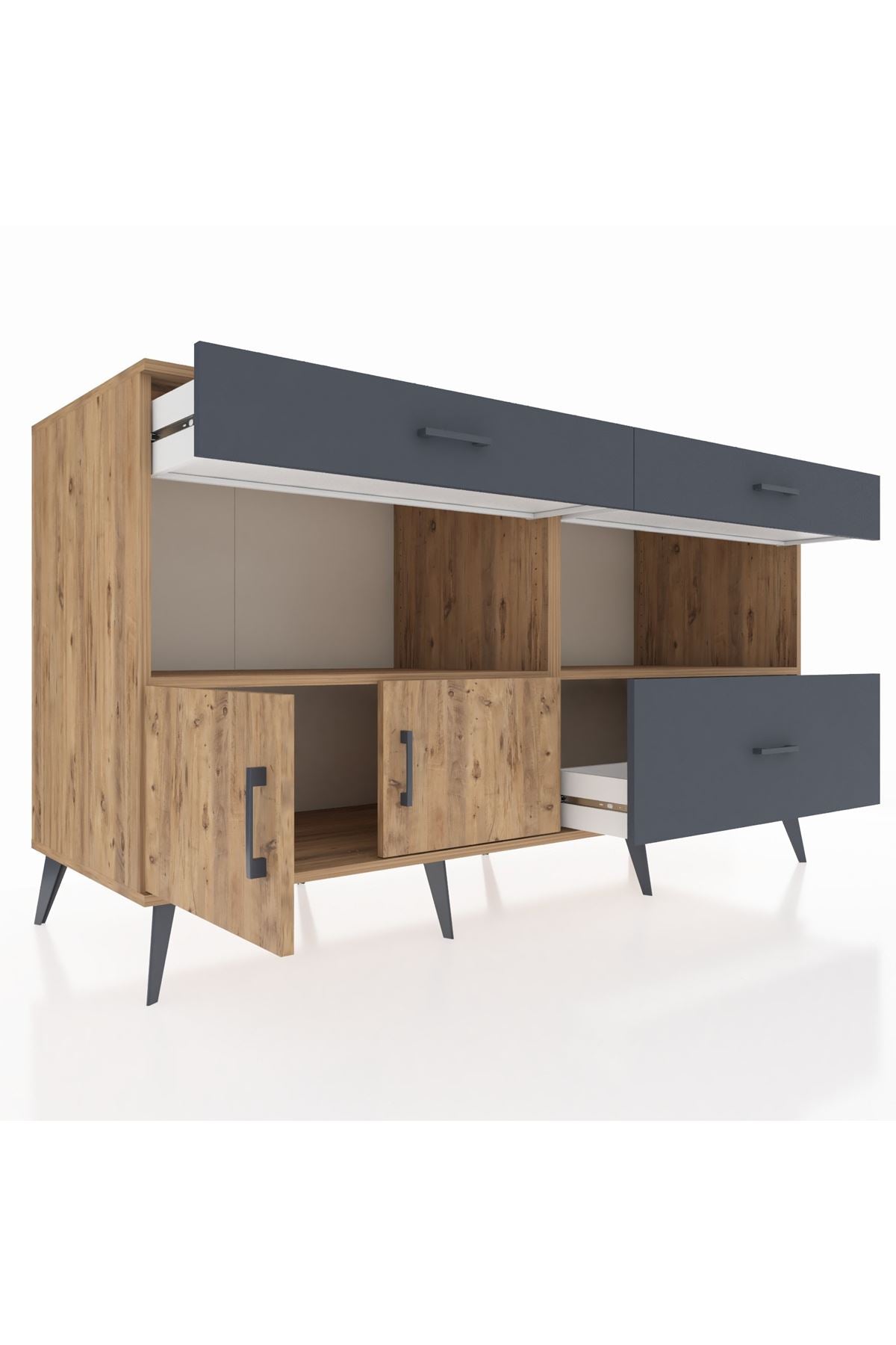 Kronos Konsol 2 Raflı 3 Çekmeceli 2 Kapaklı 176x59x99 Çam-Çam/Antrasit