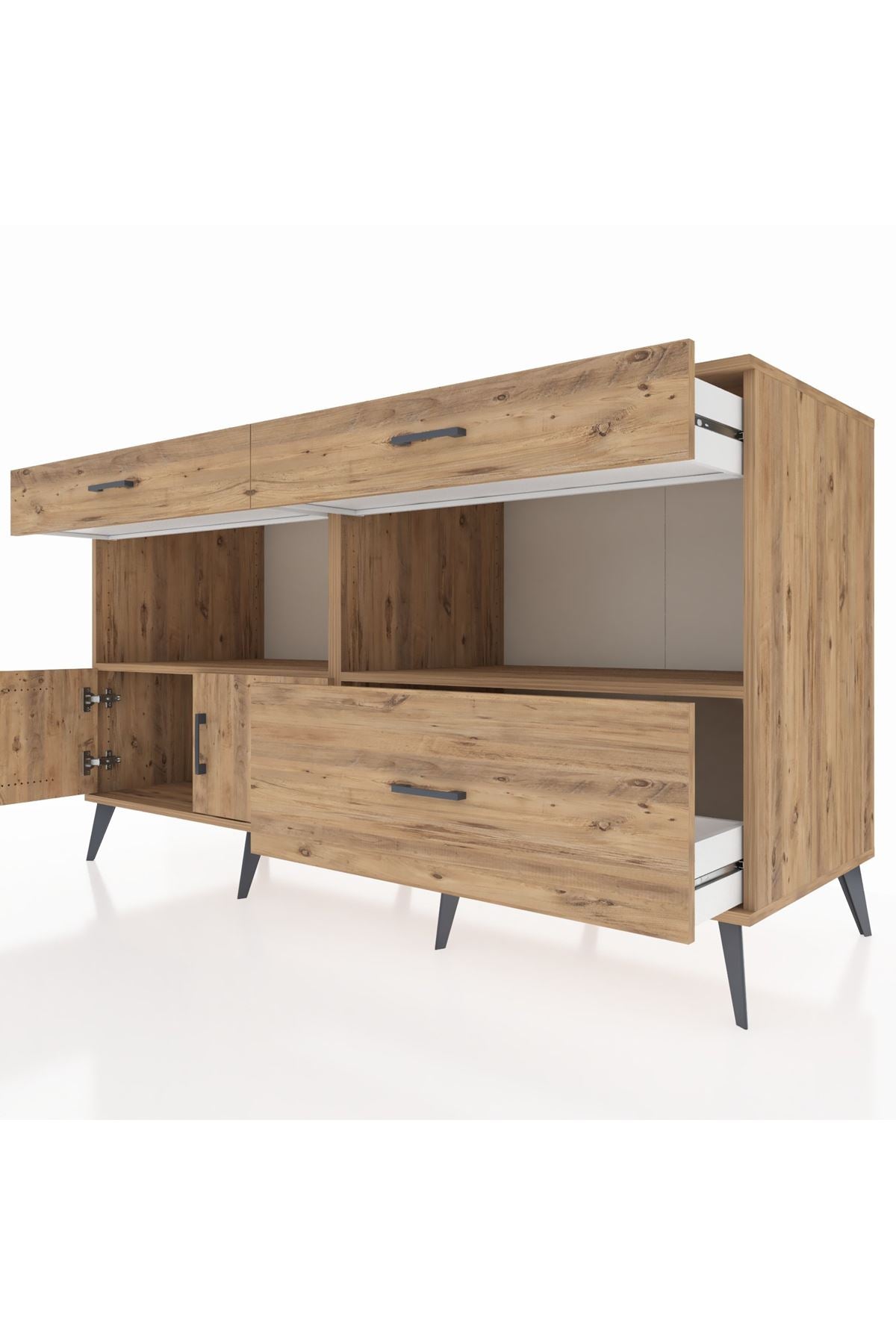 Kronos Konsol 2 Raflı 3 Çekmeceli 2 Kapaklı 176x59x99 Çam-Çam