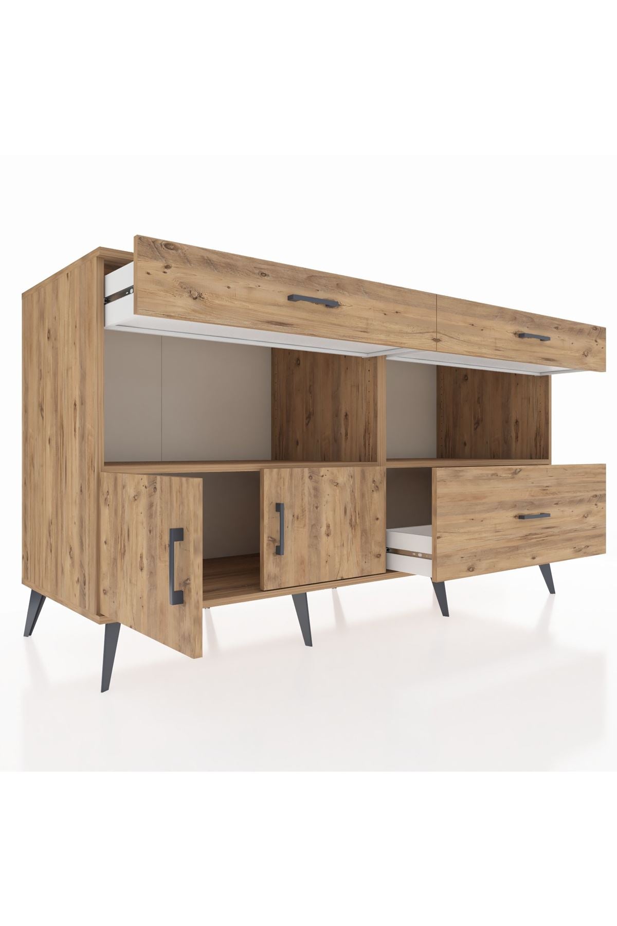 Kronos Konsol 2 Raflı 3 Çekmeceli 2 Kapaklı 176x59x99 Çam-Çam