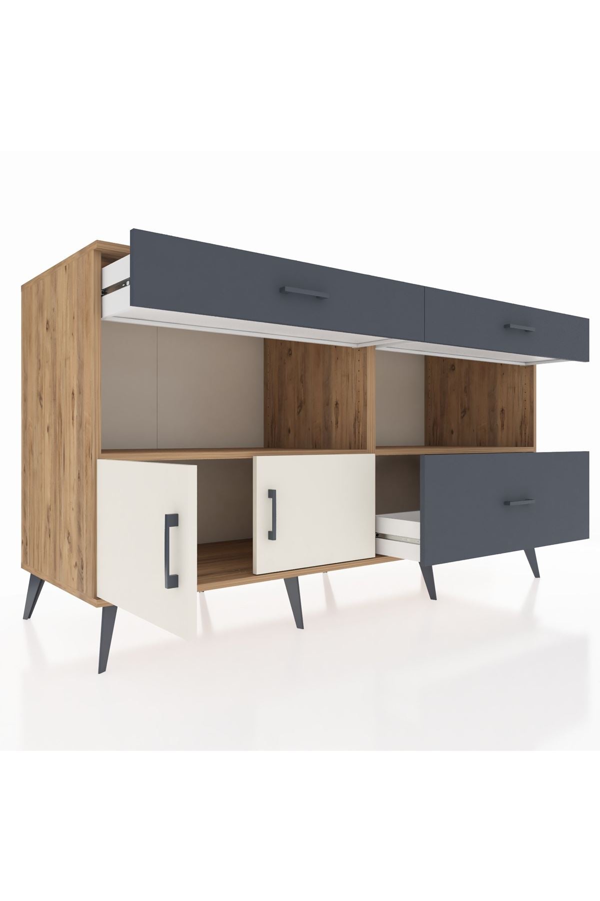 Kronos Konsol 2 Raflı 3 Çekmeceli 2 Kapaklı 176x59x99 Çam-Aytaşı/Antrasit