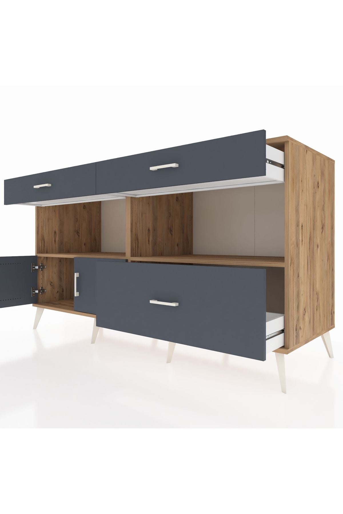 Kronos Konsol 2 Raflı 3 Çekmeceli 2 Kapaklı 176x59x99 Çam-Antrasit