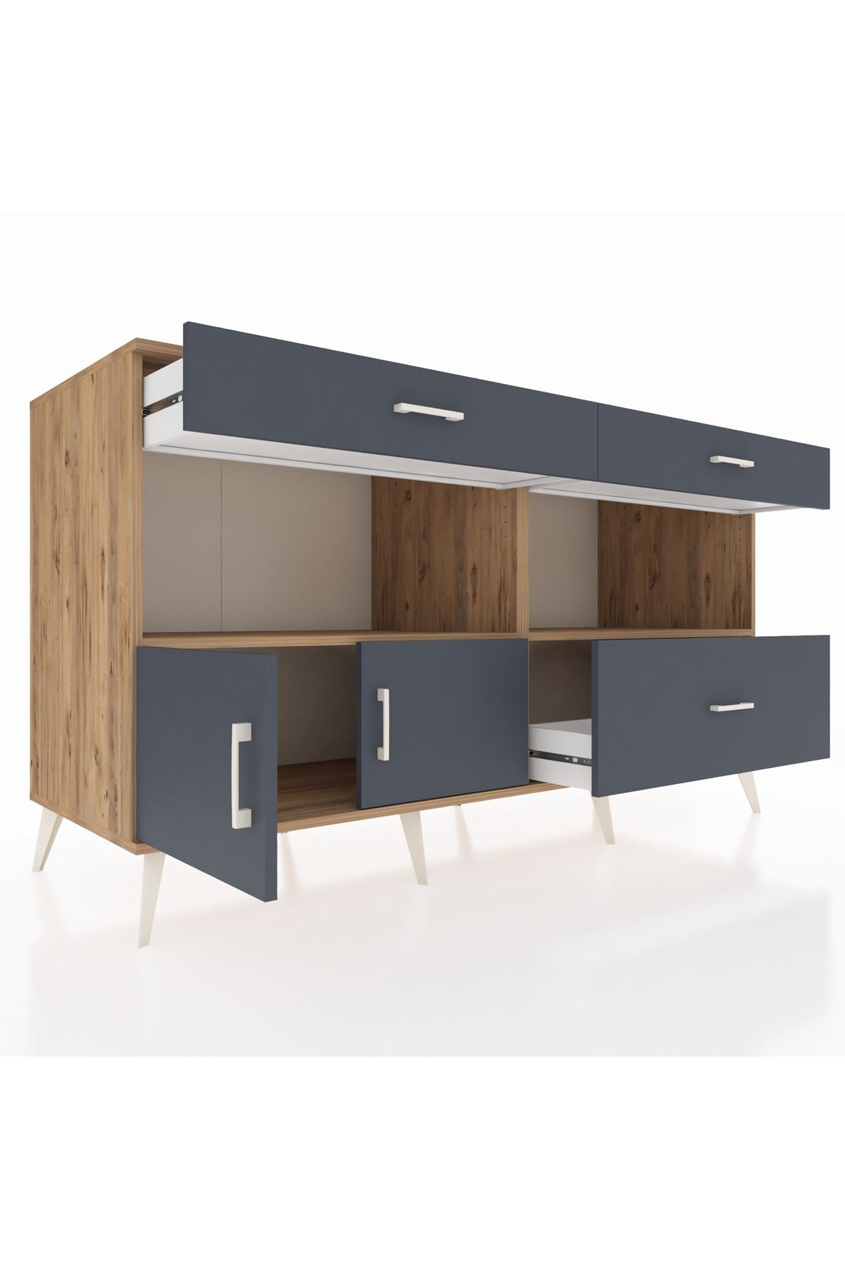 Kronos Konsol 2 Raflı 3 Çekmeceli 2 Kapaklı 176x59x99 Çam-Antrasit