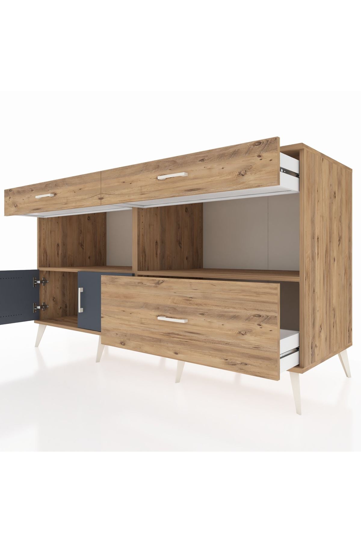 Kronos Konsol 2 Raflı 3 Çekmeceli 2 Kapaklı 176x59x99 Çam-Antrasit/Çam