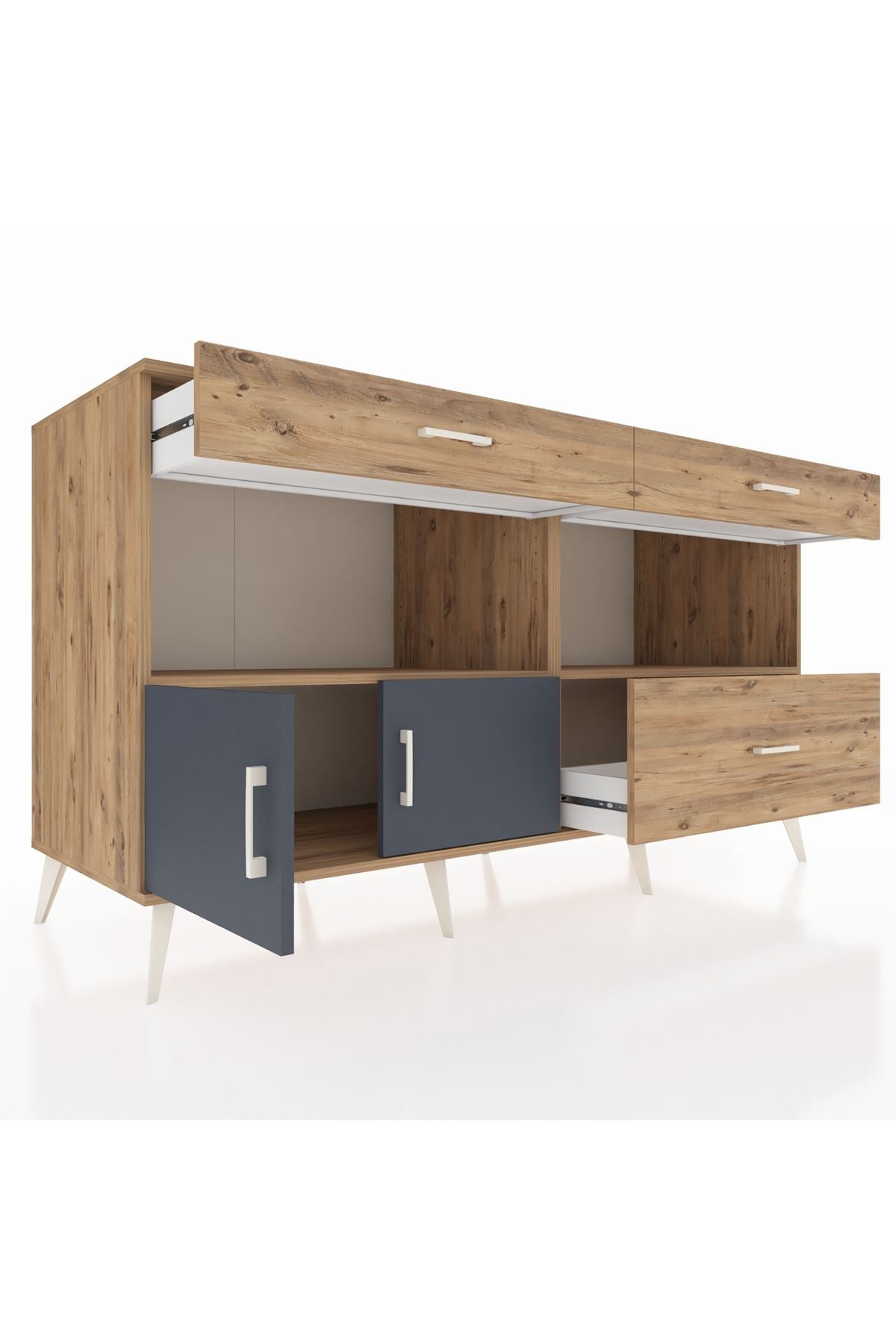 Kronos Konsol 2 Raflı 3 Çekmeceli 2 Kapaklı 176x59x99 Çam-Antrasit/Çam