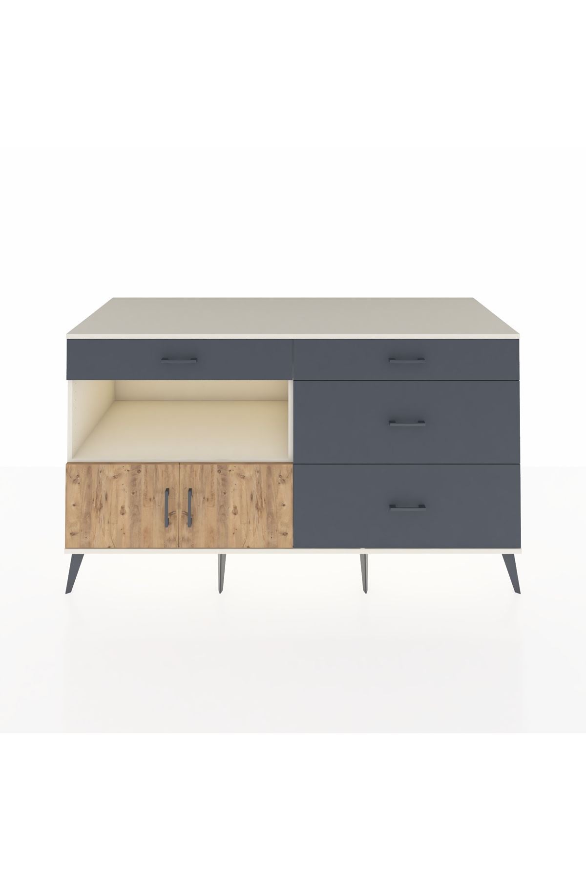 Kronos Konsol Tek Raflı 4 Çekmeceli 2 Kapaklı 176x59x99 Aytaşı-Çam/Antrasit