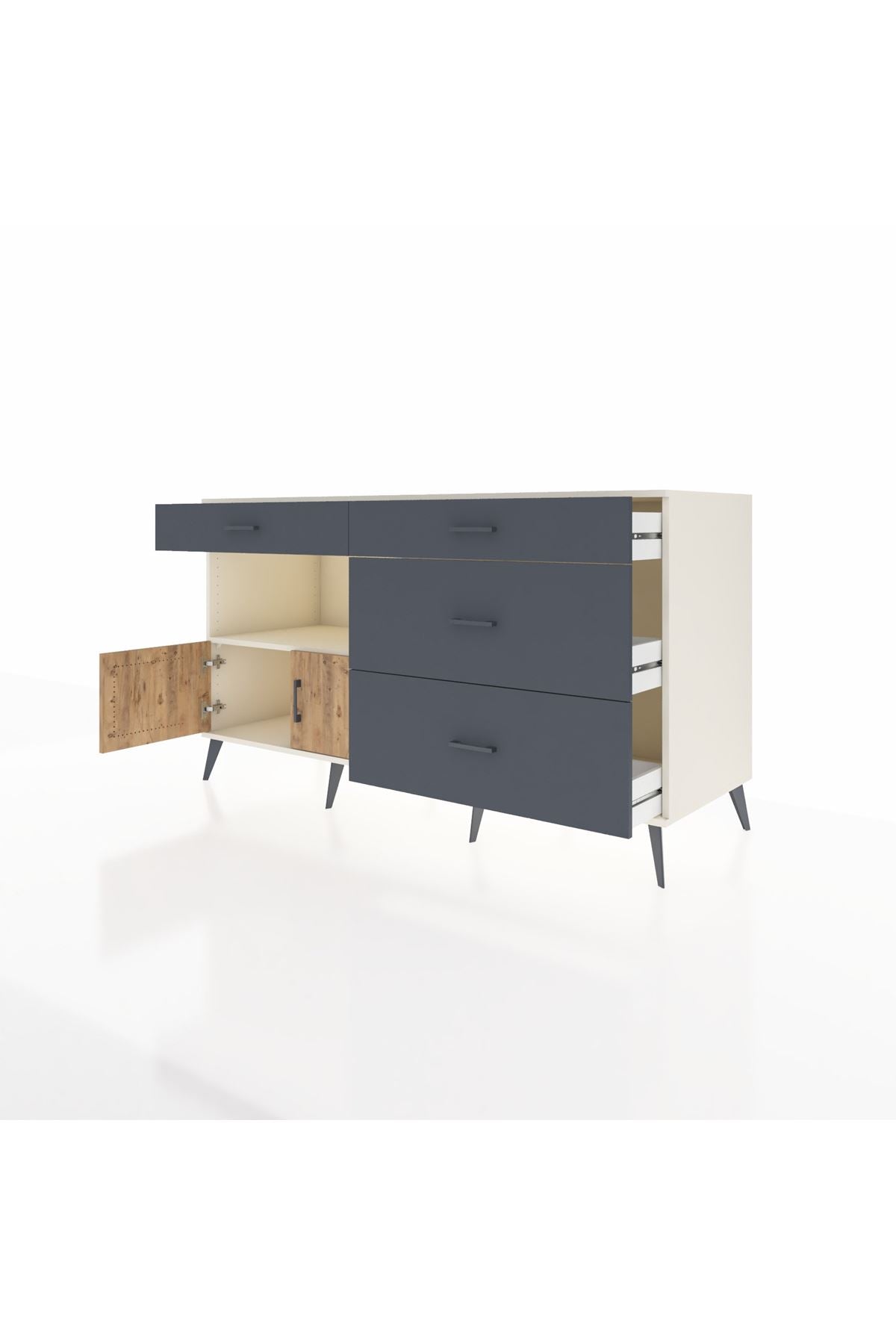 Kronos Konsol Tek Raflı 4 Çekmeceli 2 Kapaklı 176x59x99 Aytaşı-Çam/Antrasit