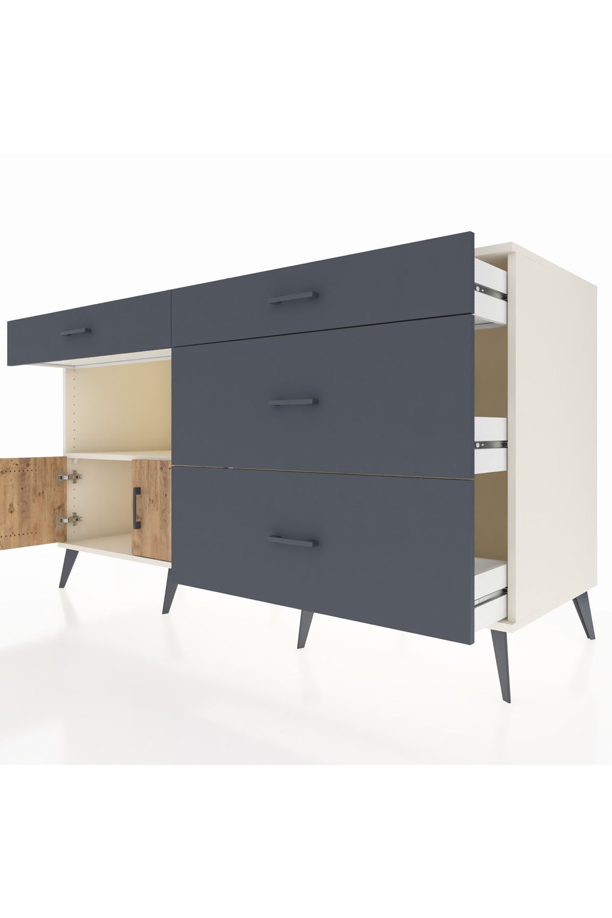 Kronos Konsol Tek Raflı 4 Çekmeceli 2 Kapaklı 176x59x99 Aytaşı-Çam/Antrasit