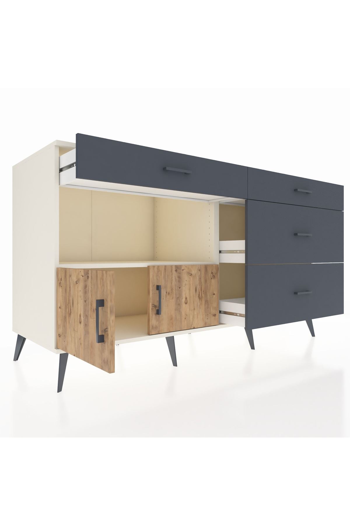 Kronos Konsol Tek Raflı 4 Çekmeceli 2 Kapaklı 176x59x99 Aytaşı-Çam/Antrasit