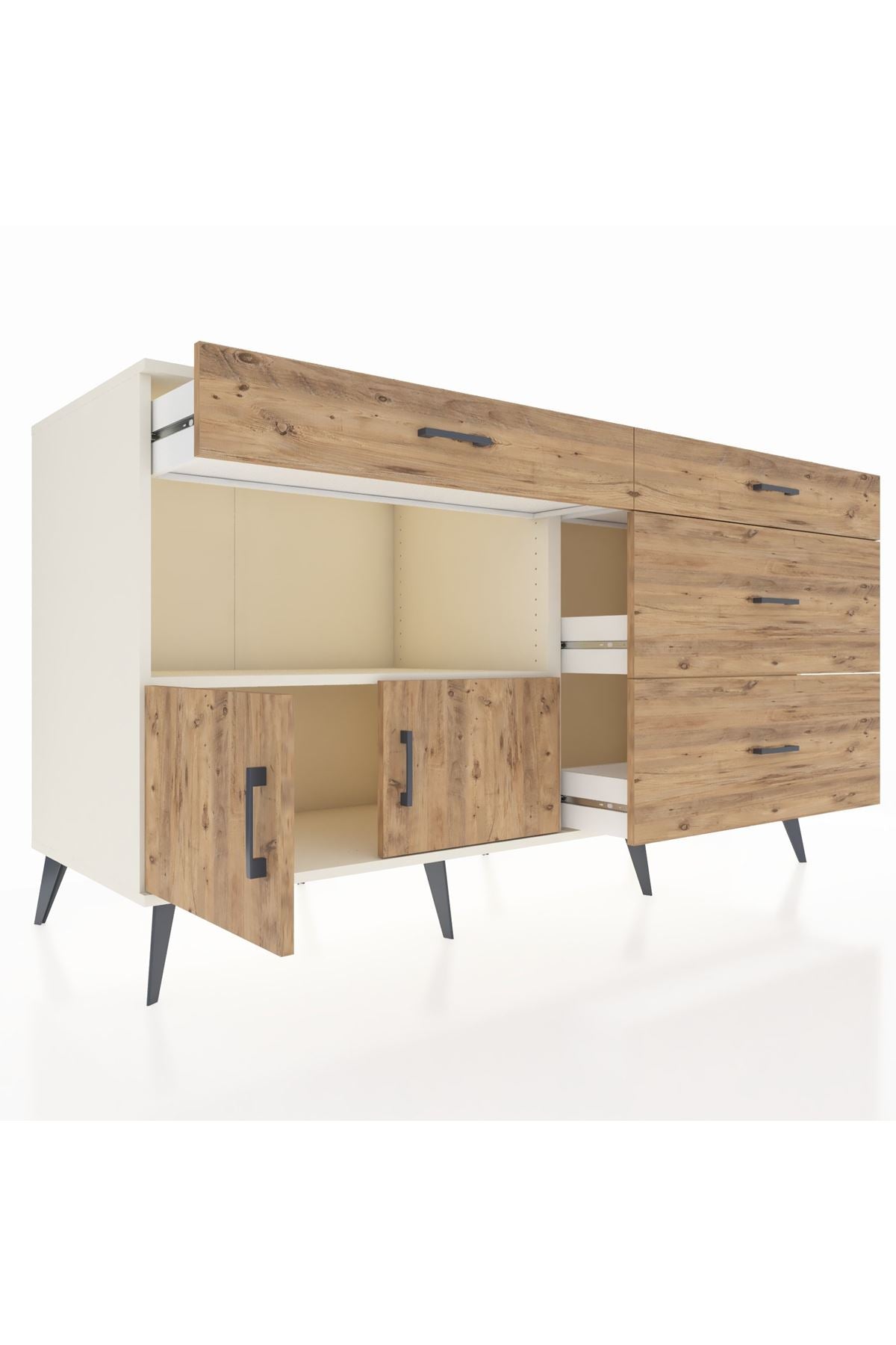 Kronos Konsol Tek Raflı 4 Çekmeceli 2 Kapaklı 176x59x99 Aytaşı-Çam