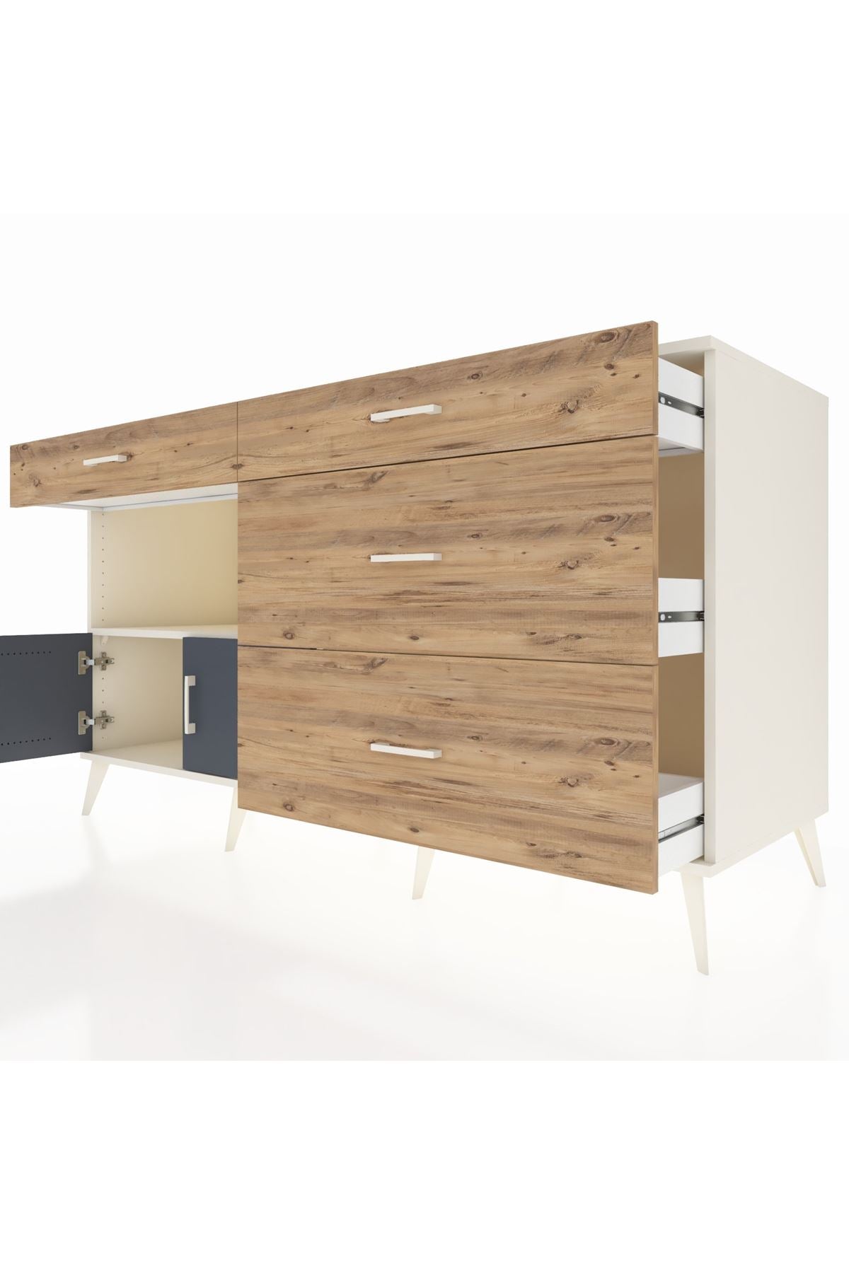 Kronos Konsol Tek Raflı 4 Çekmeceli 2 Kapaklı 176x59x99 Aytaşı-Antrasit/Çam