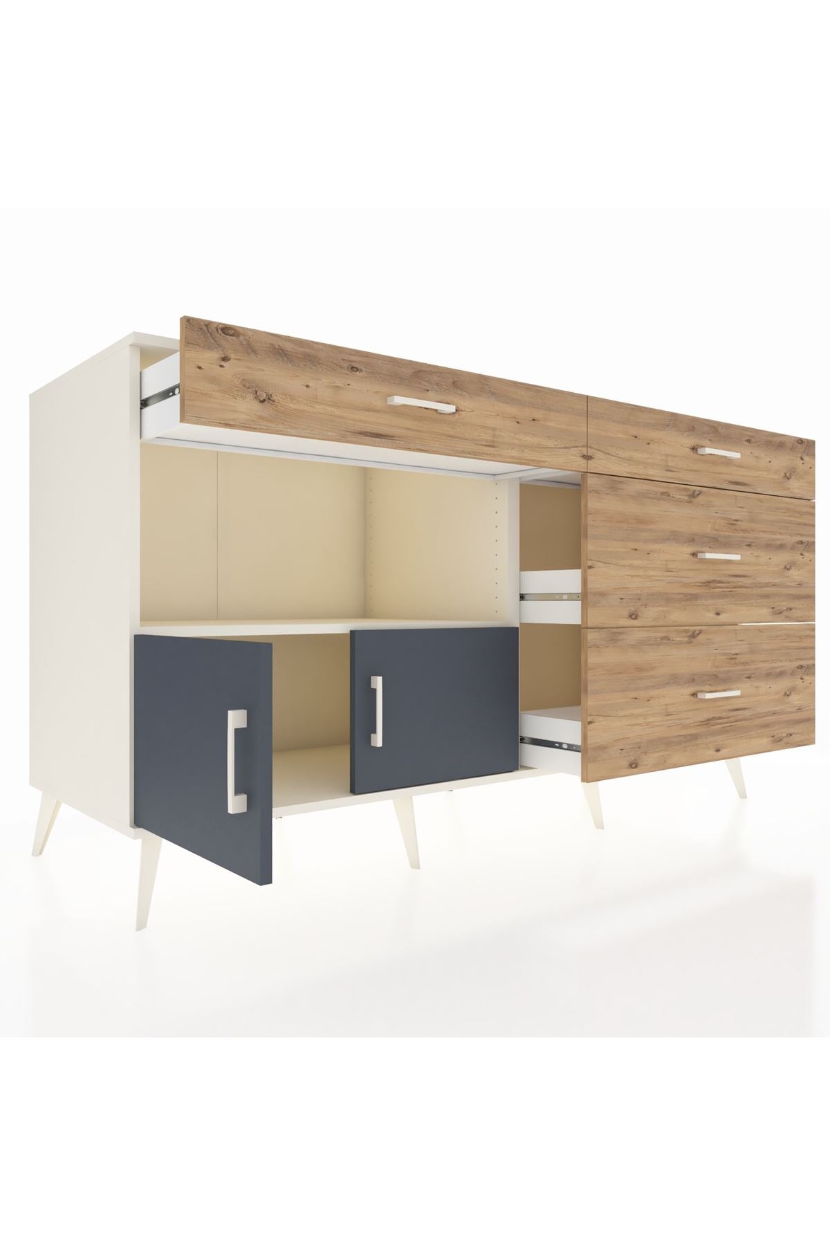 Kronos Konsol Tek Raflı 4 Çekmeceli 2 Kapaklı 176x59x99 Aytaşı-Antrasit/Çam