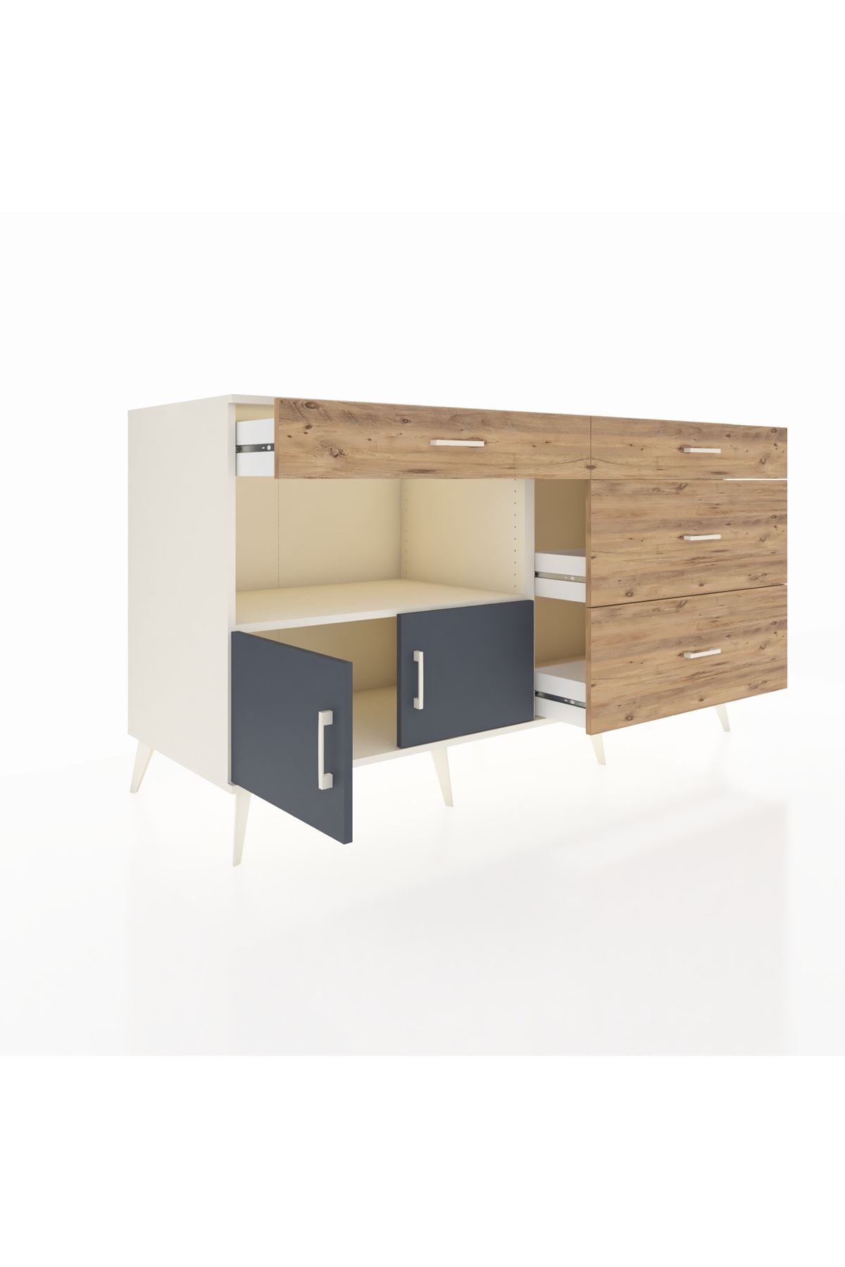 Kronos Konsol Tek Raflı 4 Çekmeceli 2 Kapaklı 176x59x99 Aytaşı-Antrasit/Çam