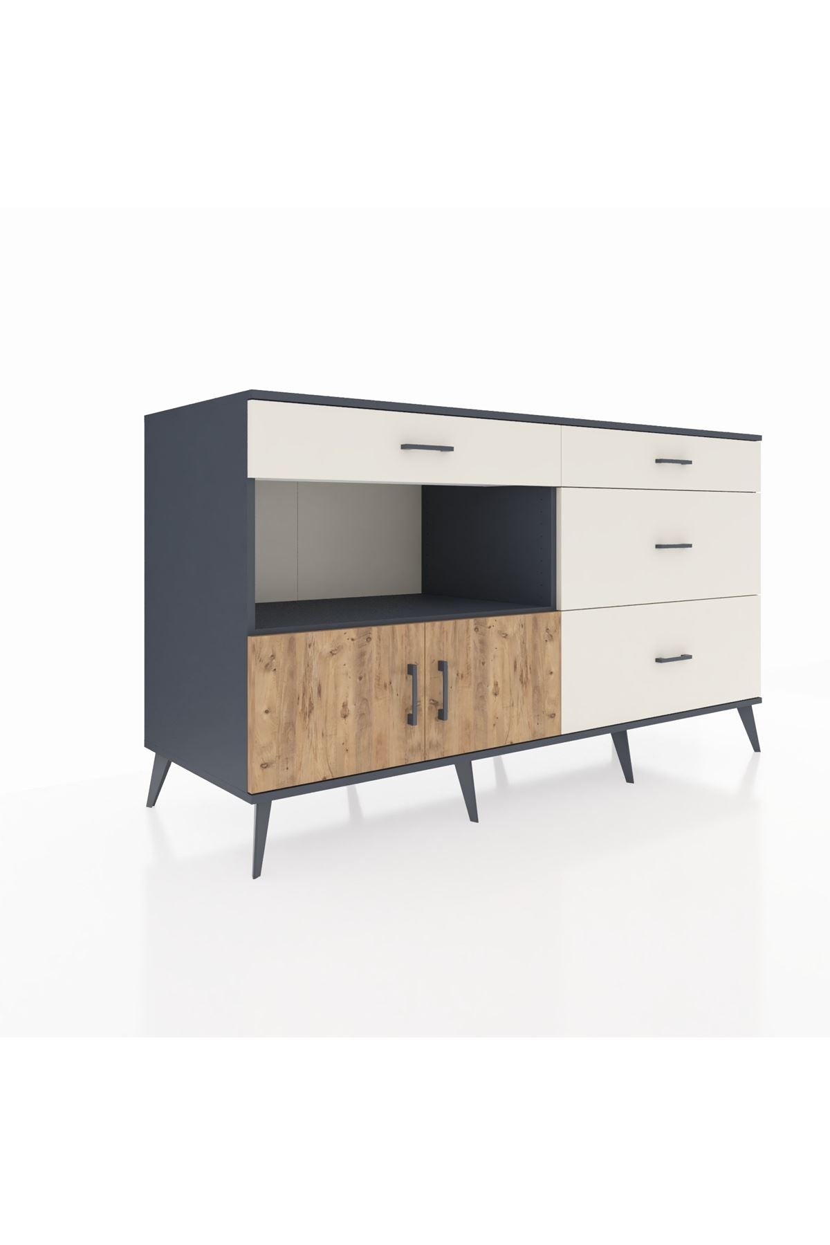 Kronos Konsol Tek Raflı 4 Çekmeceli 2 Kapaklı 176x59x99 Antrasit-Çam/Aytaşı